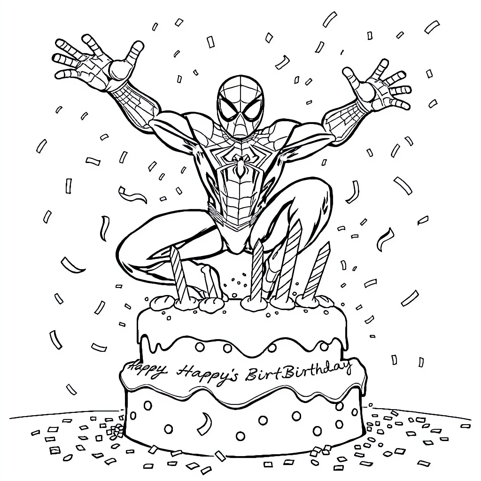 Spider-Man's Heroic Birthday Celebration Coloring Page (free black-and-white line drawing printable PDF for all, from beginners to advanced learners, including children, teens, adults, and seniors)
