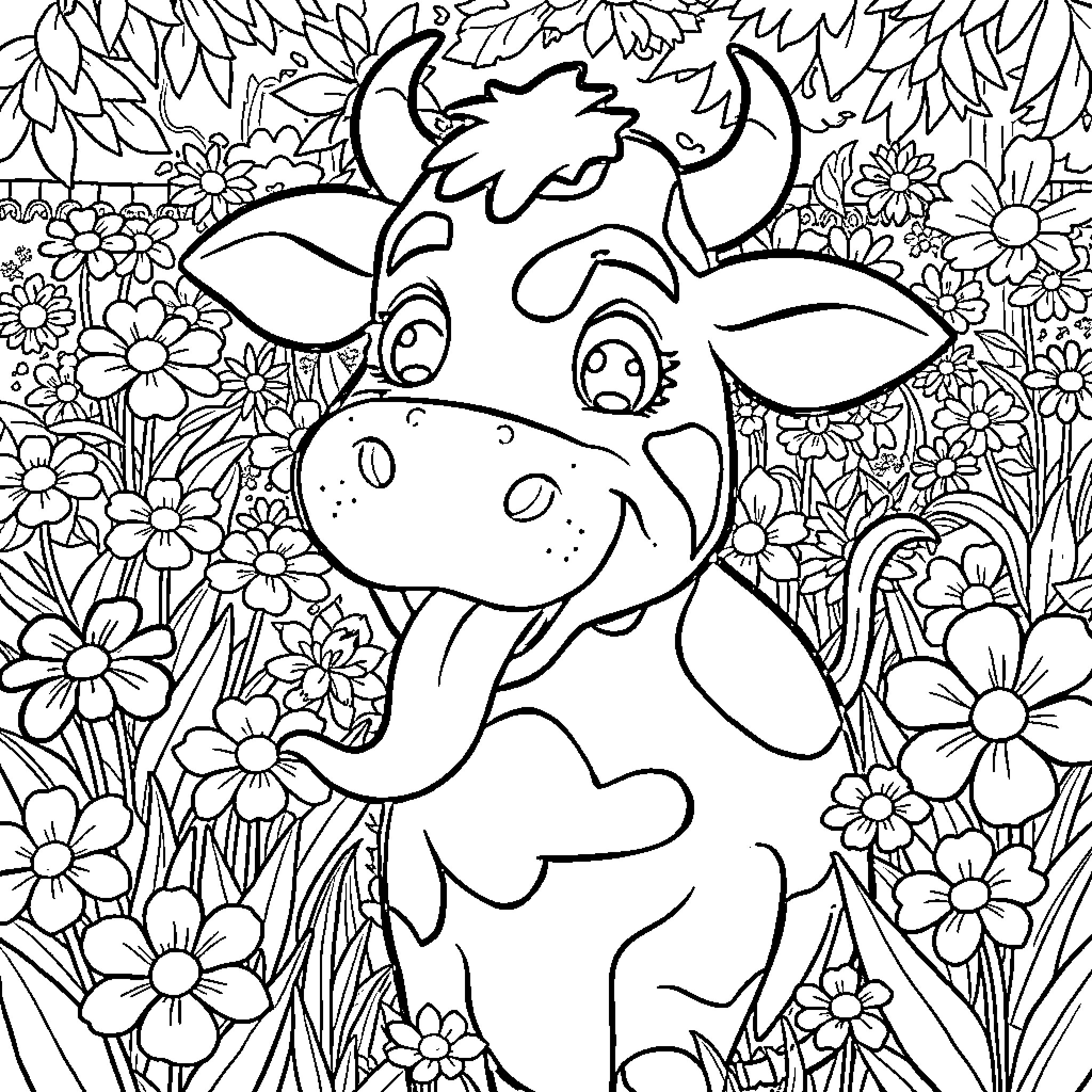 Cow Plant surrounded by colorful flowers Coloring Page (free black-and-white line drawing printable PDF for all, from beginners to advanced learners, including children, teens, adults, and seniors)