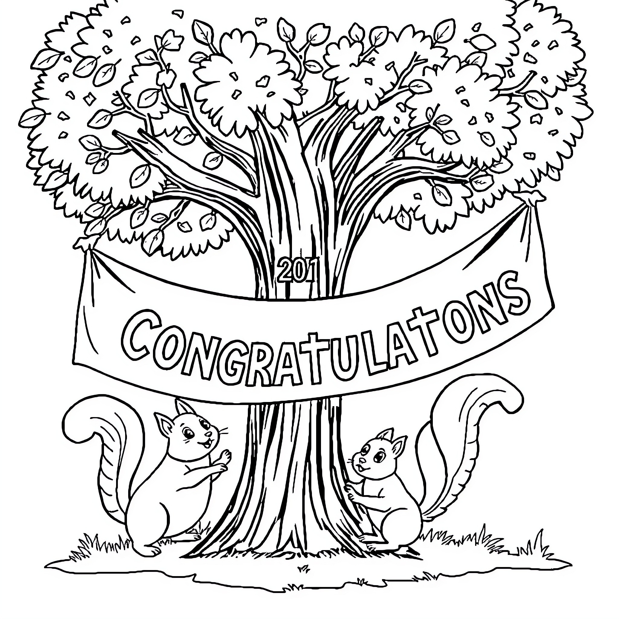 Squirrels celebrating congratulations in the tree Coloring Page (free black-and-white line drawing printable PDF for all, from beginners to advanced learners, including children, teens, adults, and seniors)