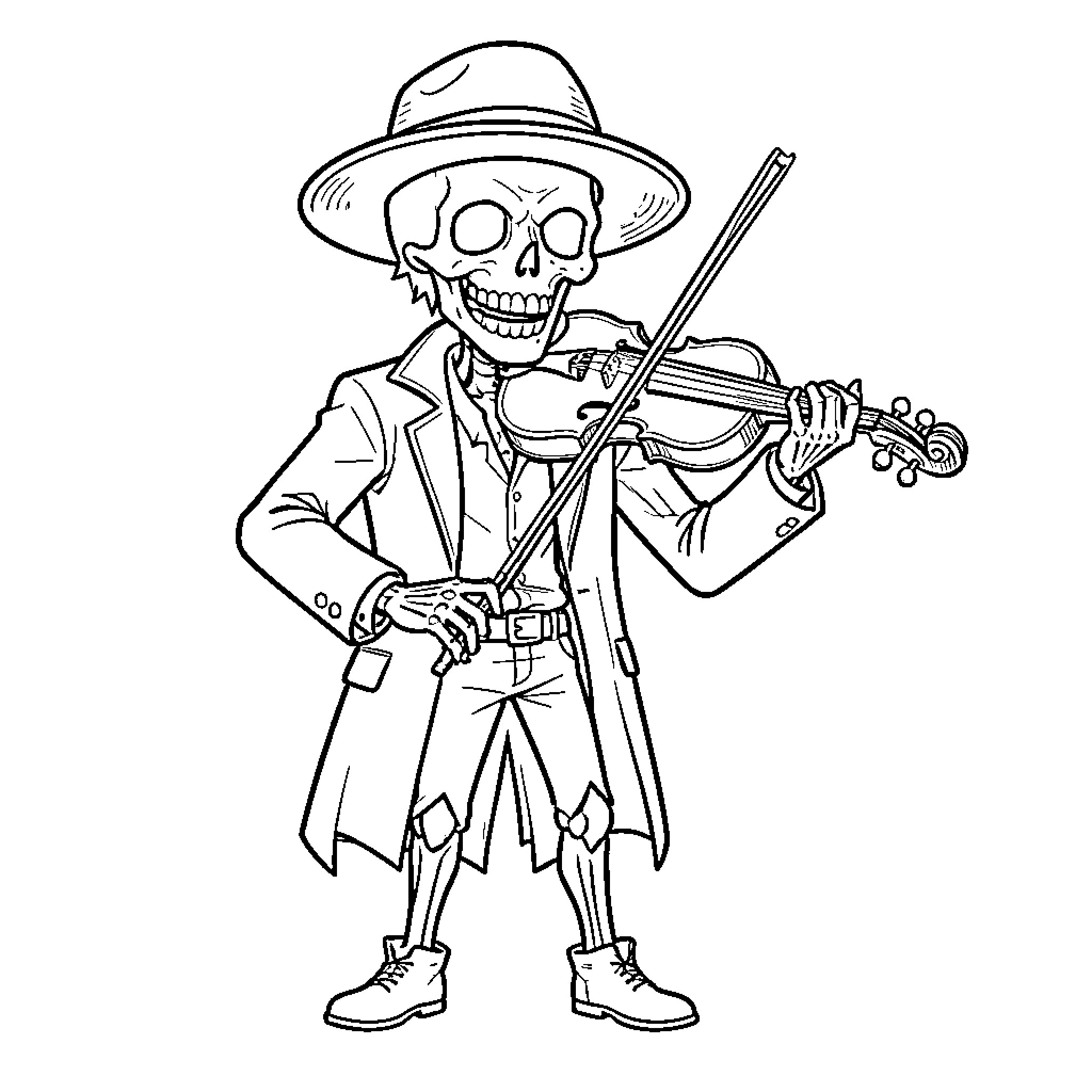 Brook playing the violin in a stylized outfit Coloring Page (free black-and-white line drawing printable PDF for all, from beginners to advanced learners, including children, teens, adults, and seniors)