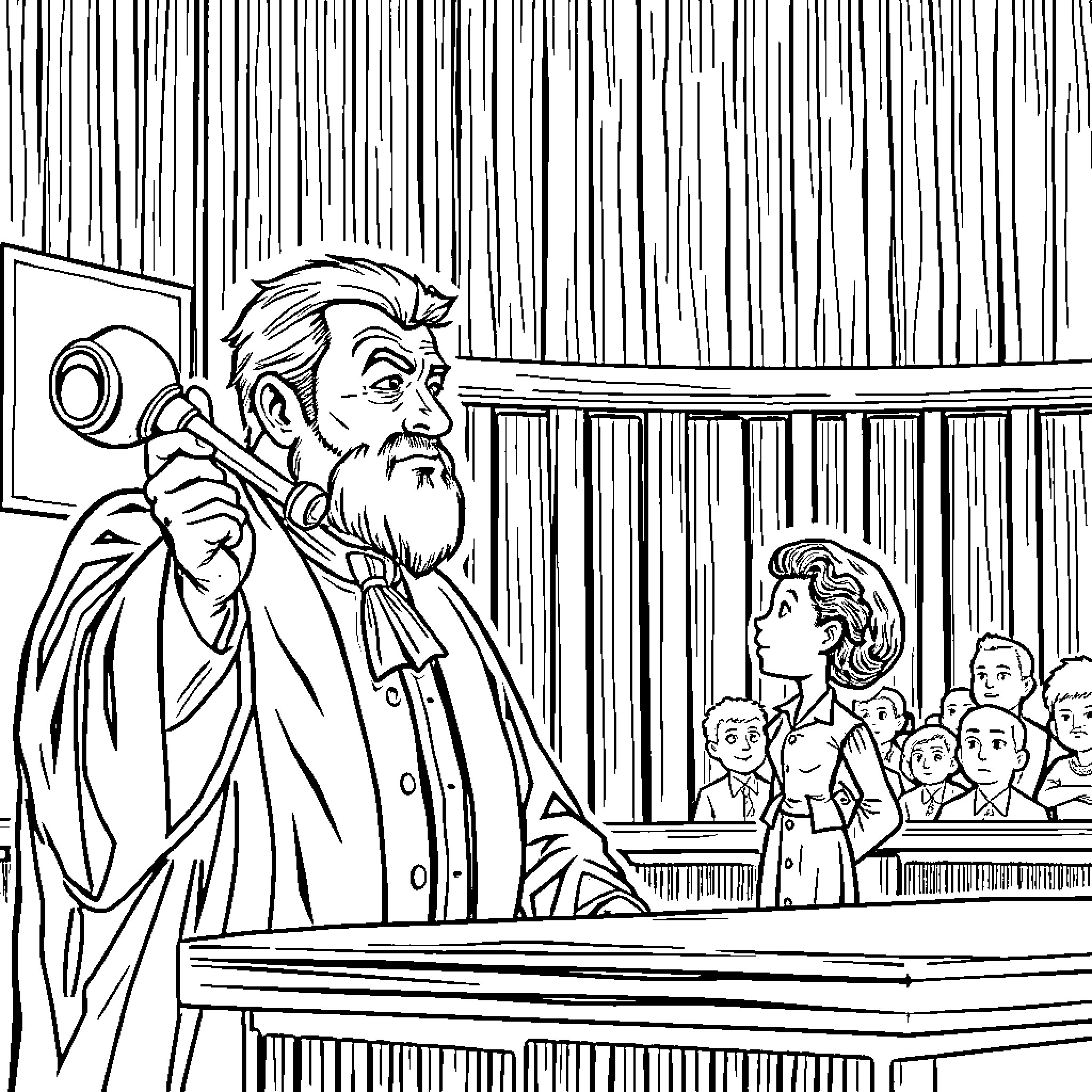 Judge presiding over courtroom proceedings Coloring Page (free black-and-white line drawing printable PDF for all, from beginners to advanced learners, including children, teens, adults, and seniors)
