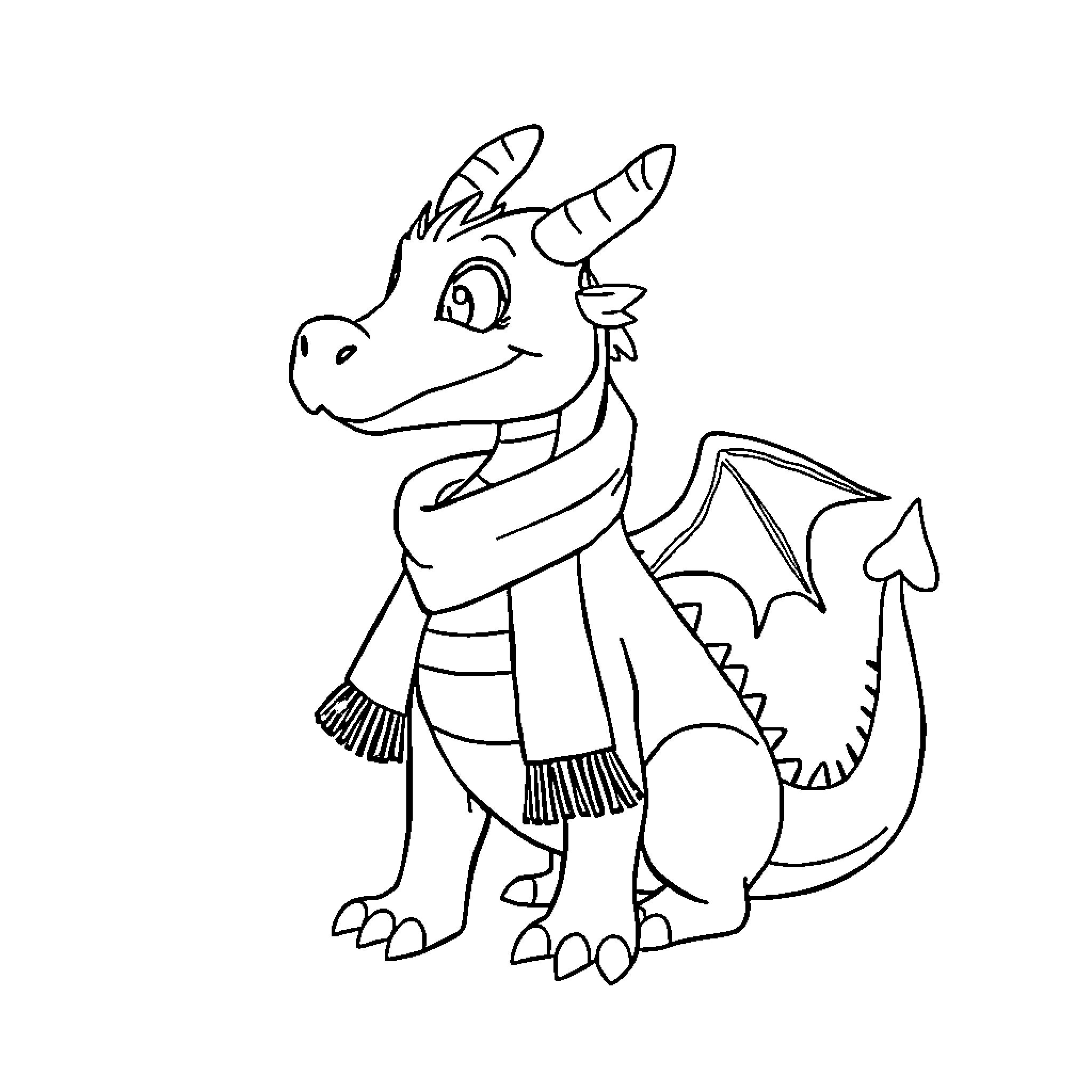 Dragon in Cozy Winter Attire Coloring Page (free black-and-white line drawing printable PDF for all, from beginners to advanced learners, including children, teens, adults, and seniors)