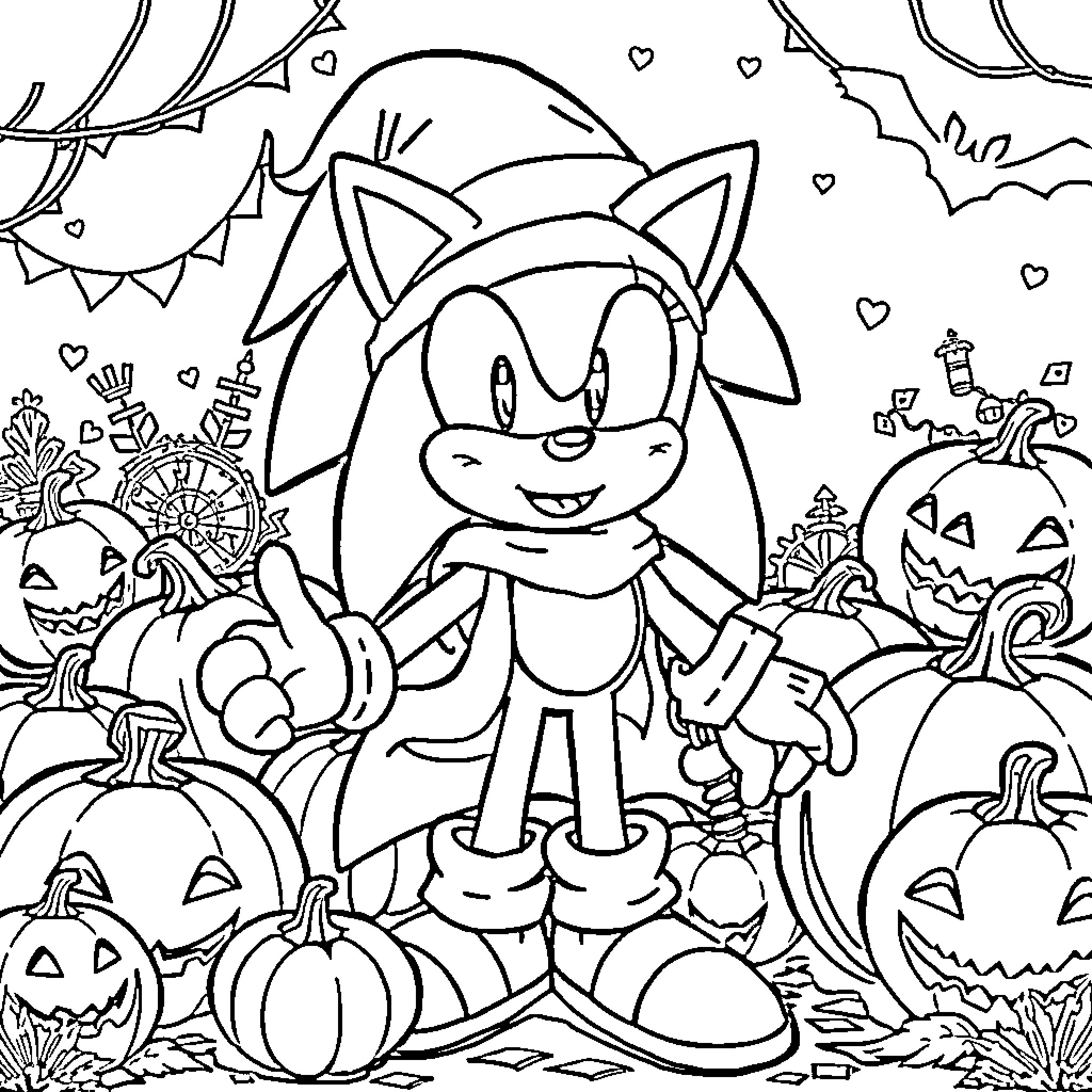 Sonic's Spooky Halloween Adventure Coloring Page (free black-and-white line drawing printable PDF for all, from beginners to advanced learners, including children, teens, adults, and seniors)