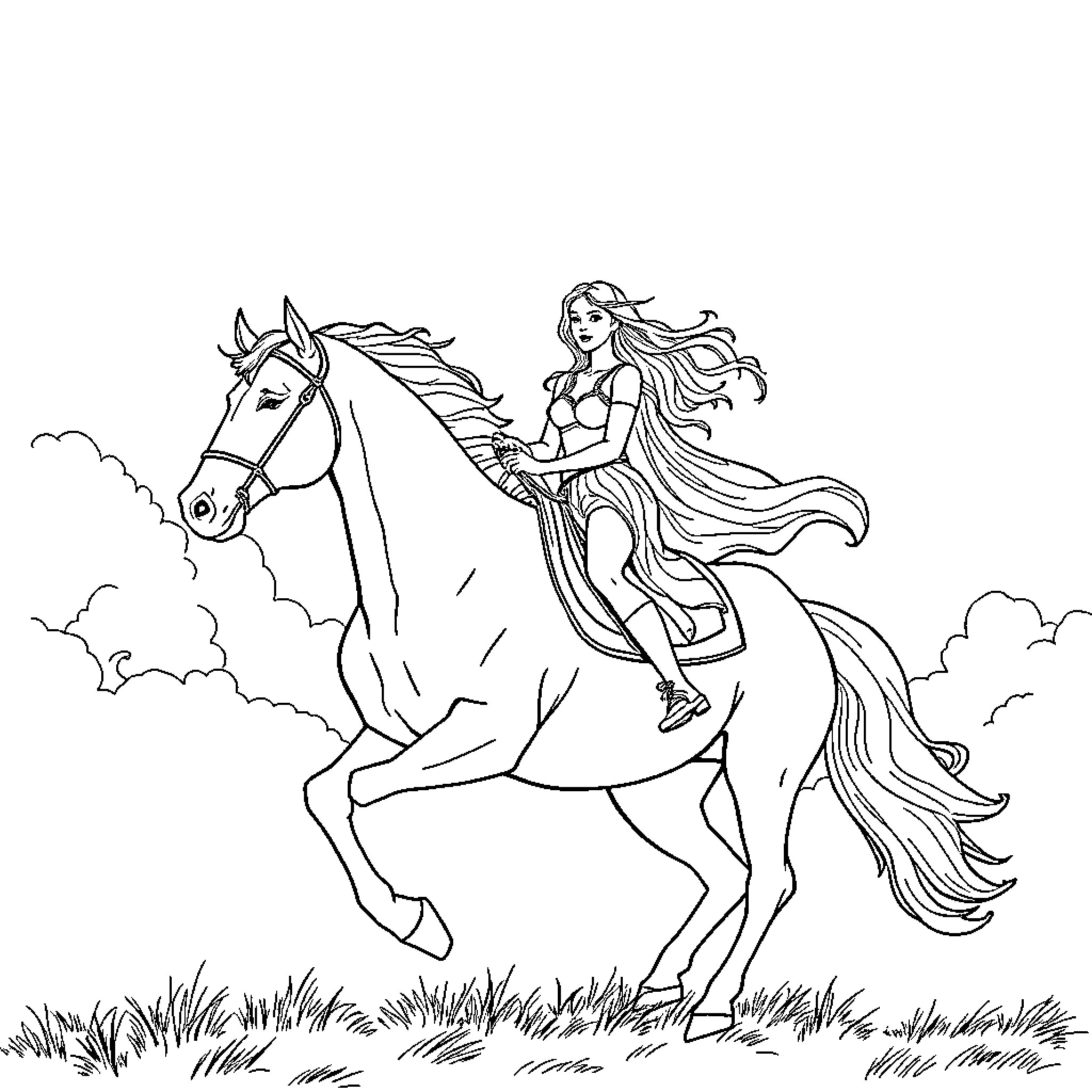 Melina Velba riding gracefully on a white horse Coloring Page (free black-and-white line drawing printable PDF for all, from beginners to advanced learners, including children, teens, adults, and seniors)
