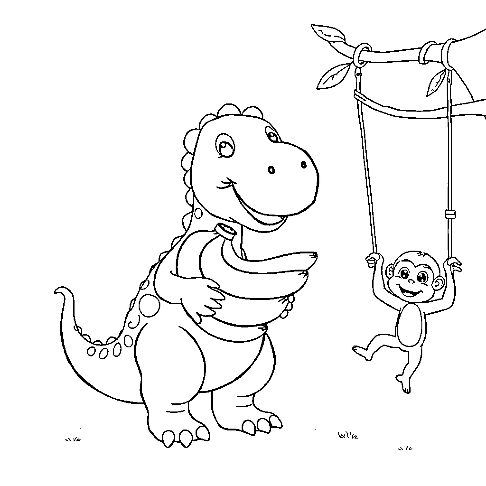 Dinosaur playing with a monkey on a swing Coloring Page (free black-and-white line drawing printable PDF for all, from beginners to advanced learners, including children, teens, adults, and seniors)