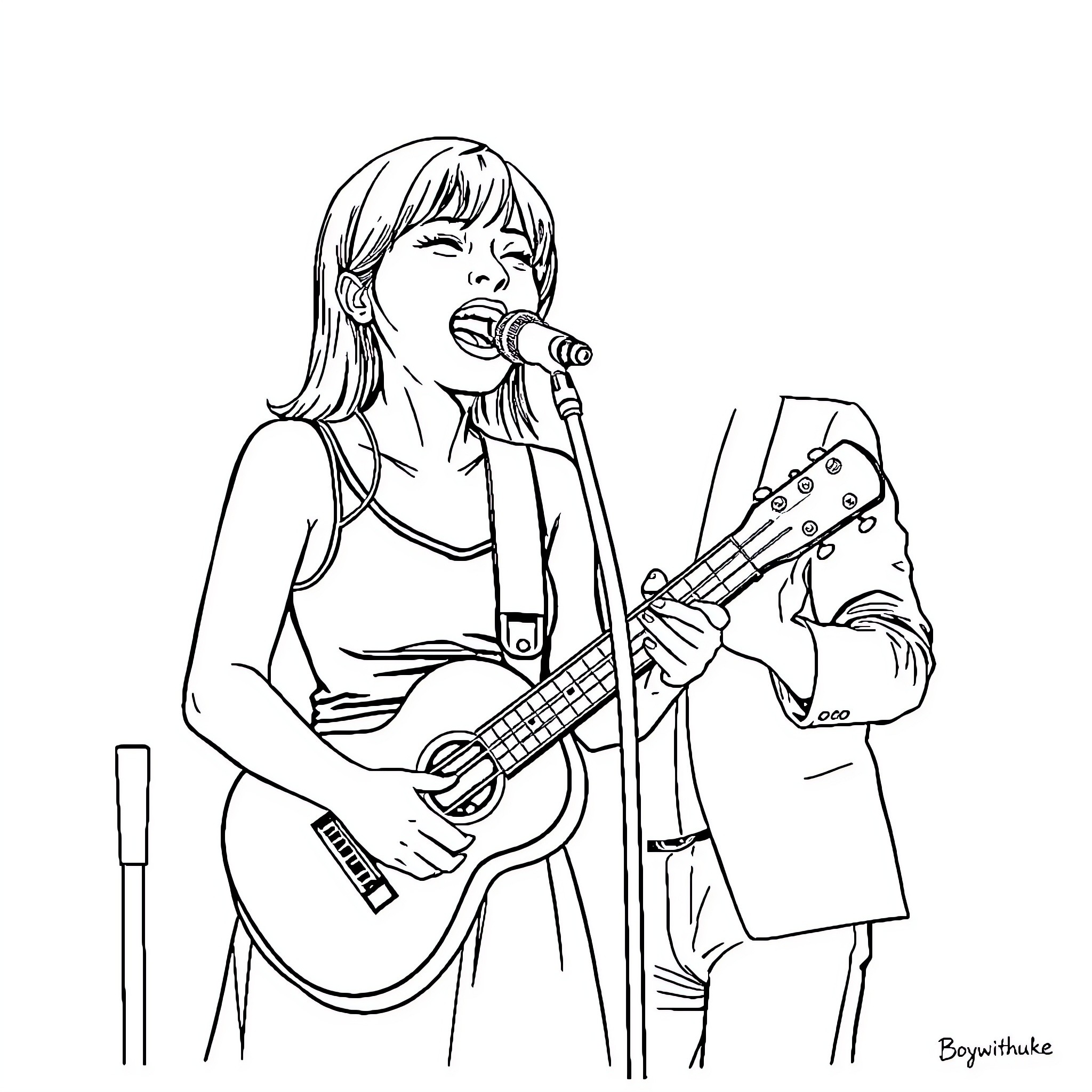 Nana Osaki performing on stage with guitar Coloring Page (free black-and-white line drawing printable PDF for all, from beginners to advanced learners, including children, teens, adults, and seniors)