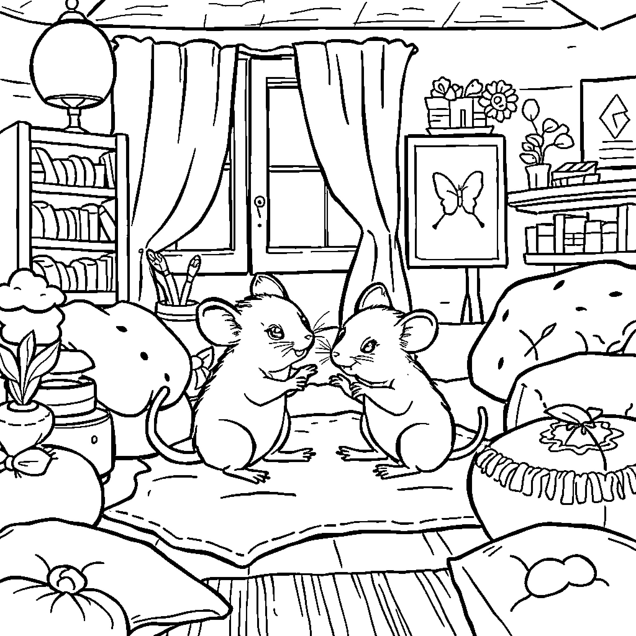 Mouse friends playing and exploring in cozy home Coloring Page (free black-and-white line drawing printable PDF for all, from beginners to advanced learners, including children, teens, adults, and seniors)