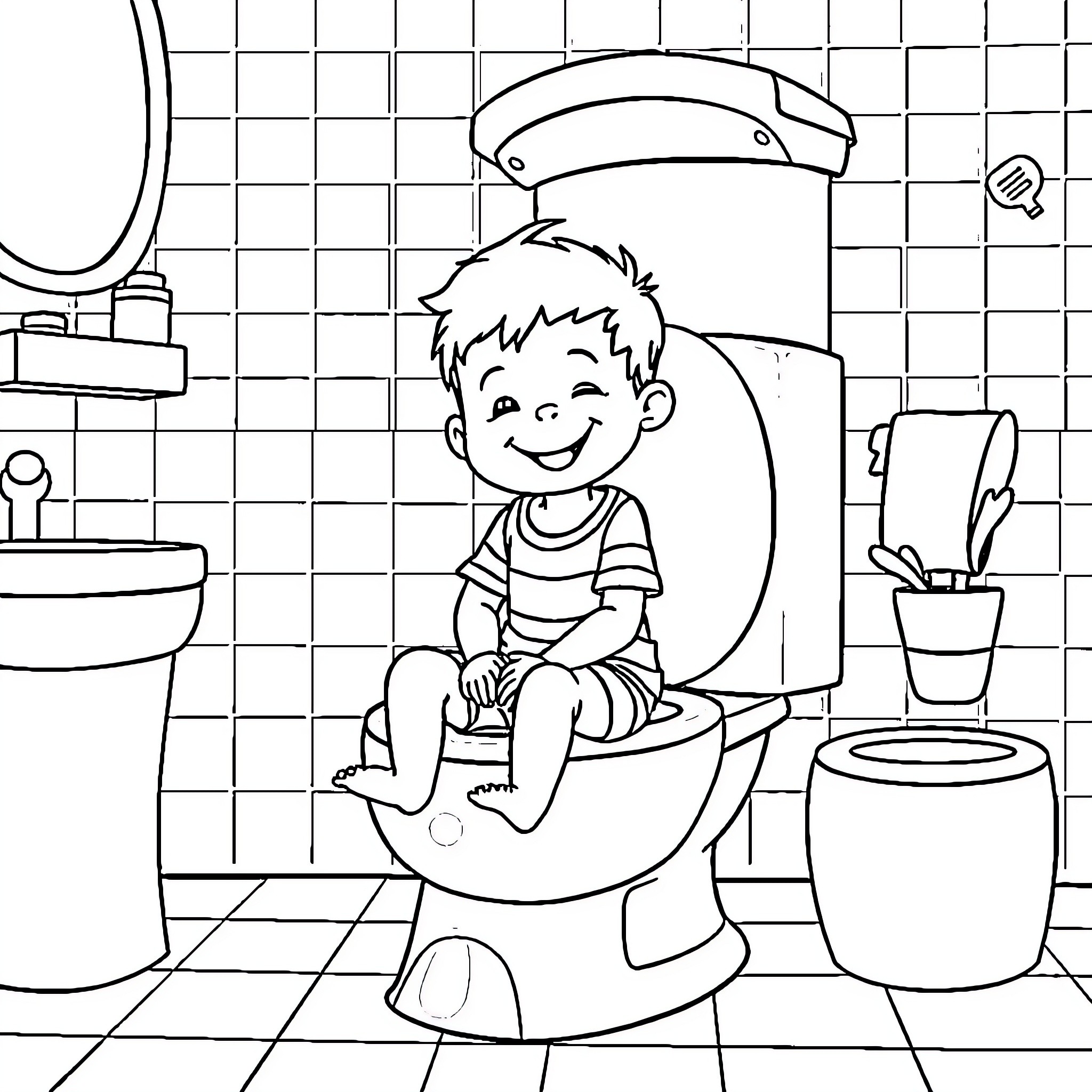 Boy having fun while using the toilet Coloring Page (free black-and-white line drawing printable PDF for all, from beginners to advanced learners, including children, teens, adults, and seniors)
