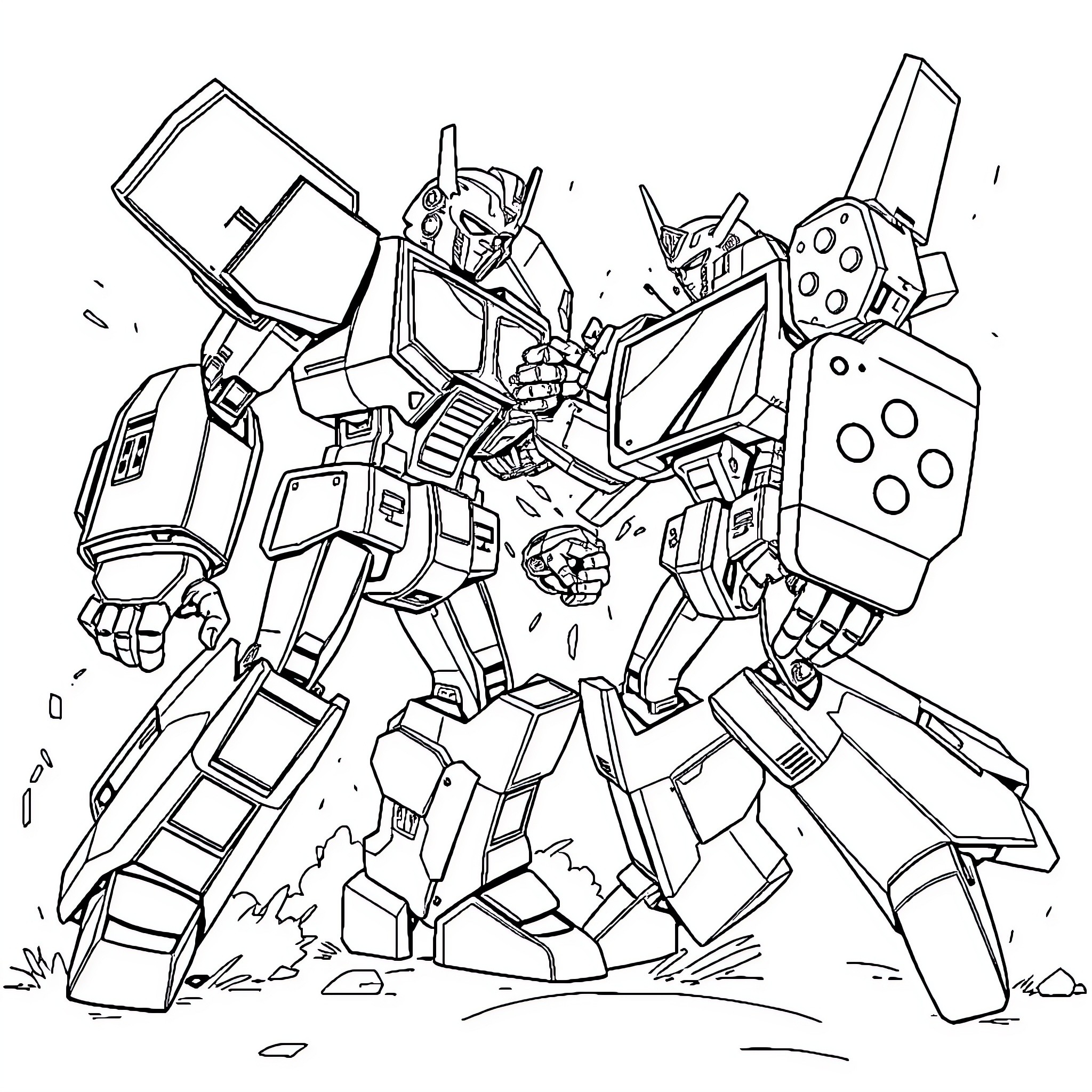 Robot Mecha Warriors in Intense Battle Coloring Page (free black-and-white line drawing printable PDF for all, from beginners to advanced learners, including children, teens, adults, and seniors)