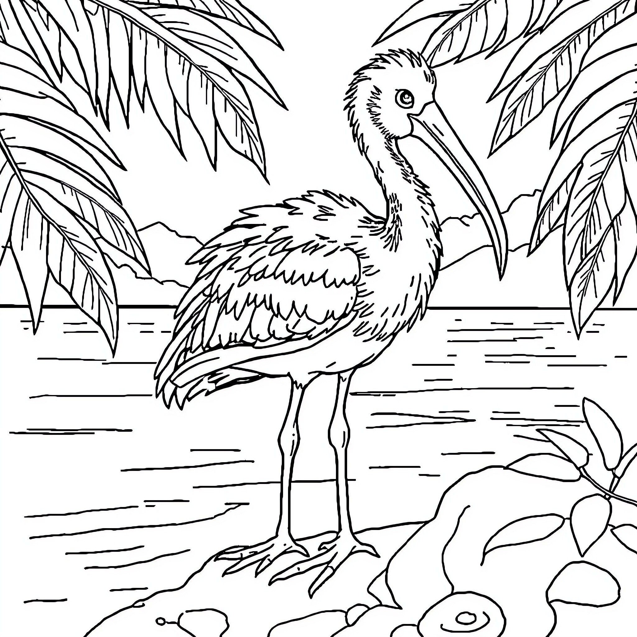 Dodo strolling amidst lush tropical vegetation Coloring Page (free black-and-white line drawing printable PDF for all, from beginners to advanced learners, including children, teens, adults, and seniors)