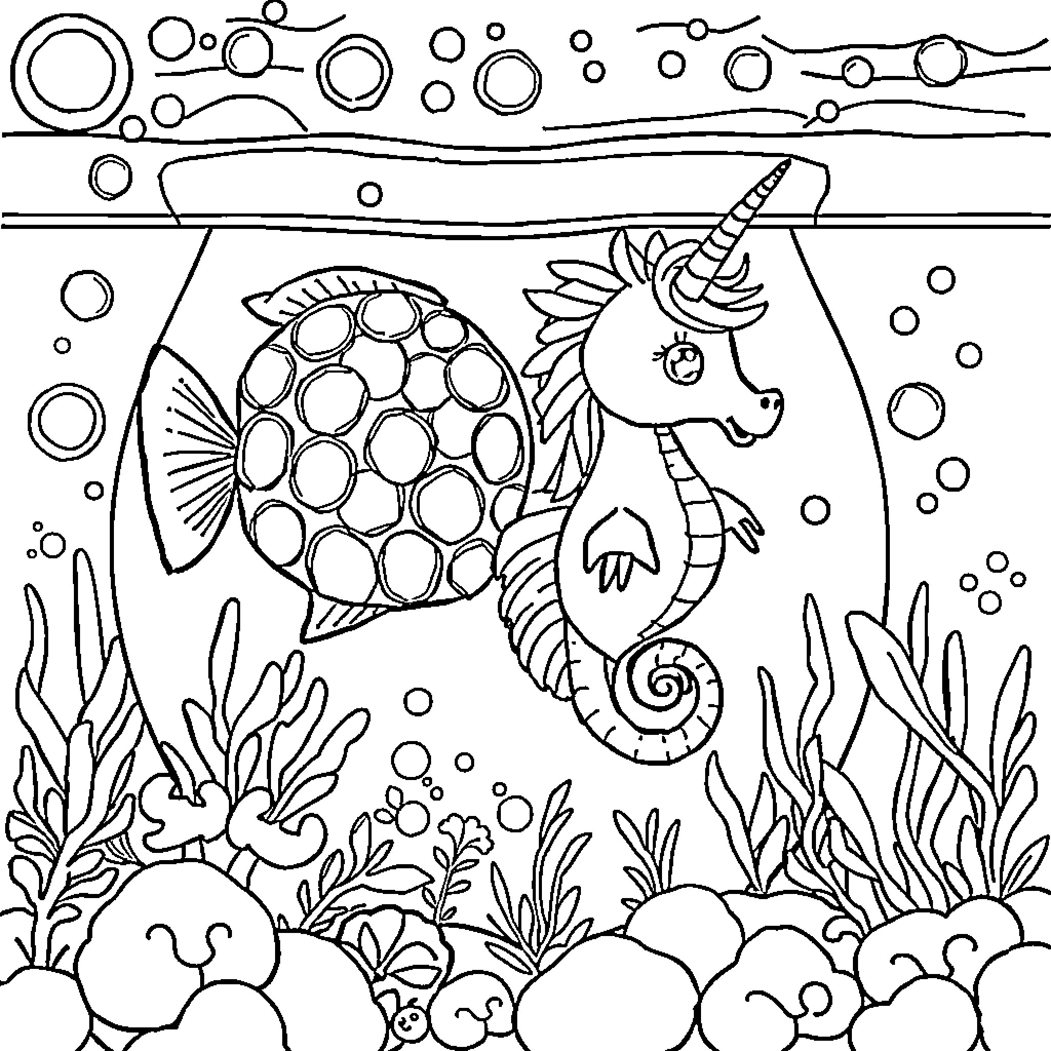 Fish and Unicorn Seahorse in Underwater Wonderland Coloring Page (free black-and-white line drawing printable PDF for all, from beginners to advanced learners, including children, teens, adults, and seniors)