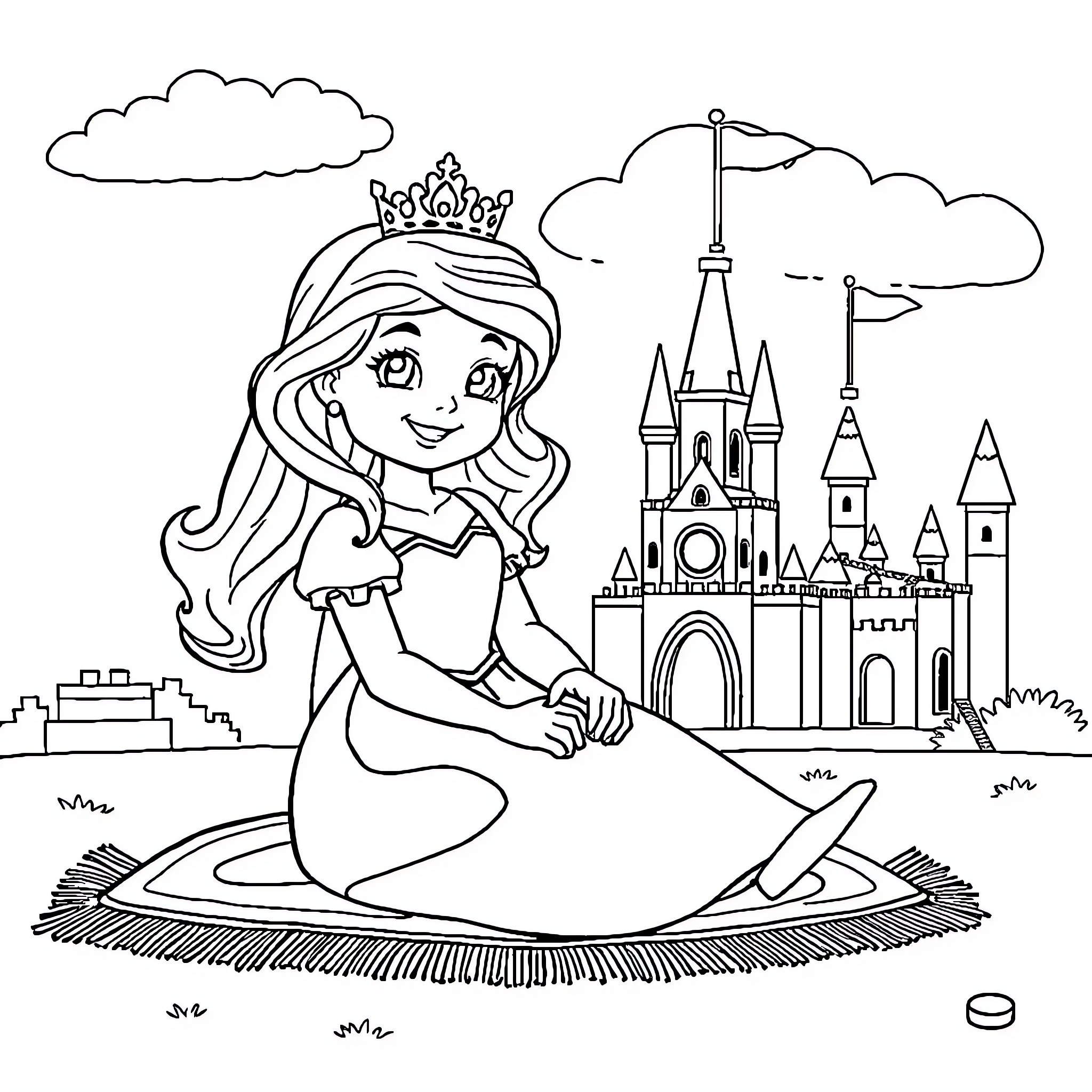 Princess in a castle garden enjoying the day Coloring Page (free black-and-white line drawing printable PDF for all, from beginners to advanced learners, including children, teens, adults, and seniors)