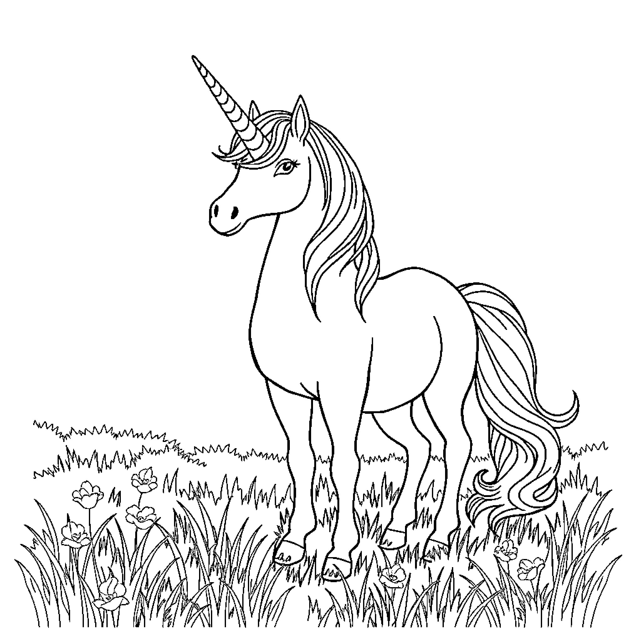 Unicorn standing proudly in a field of flowers Coloring Page (free black-and-white line drawing printable PDF for all, from beginners to advanced learners, including children, teens, adults, and seniors)
