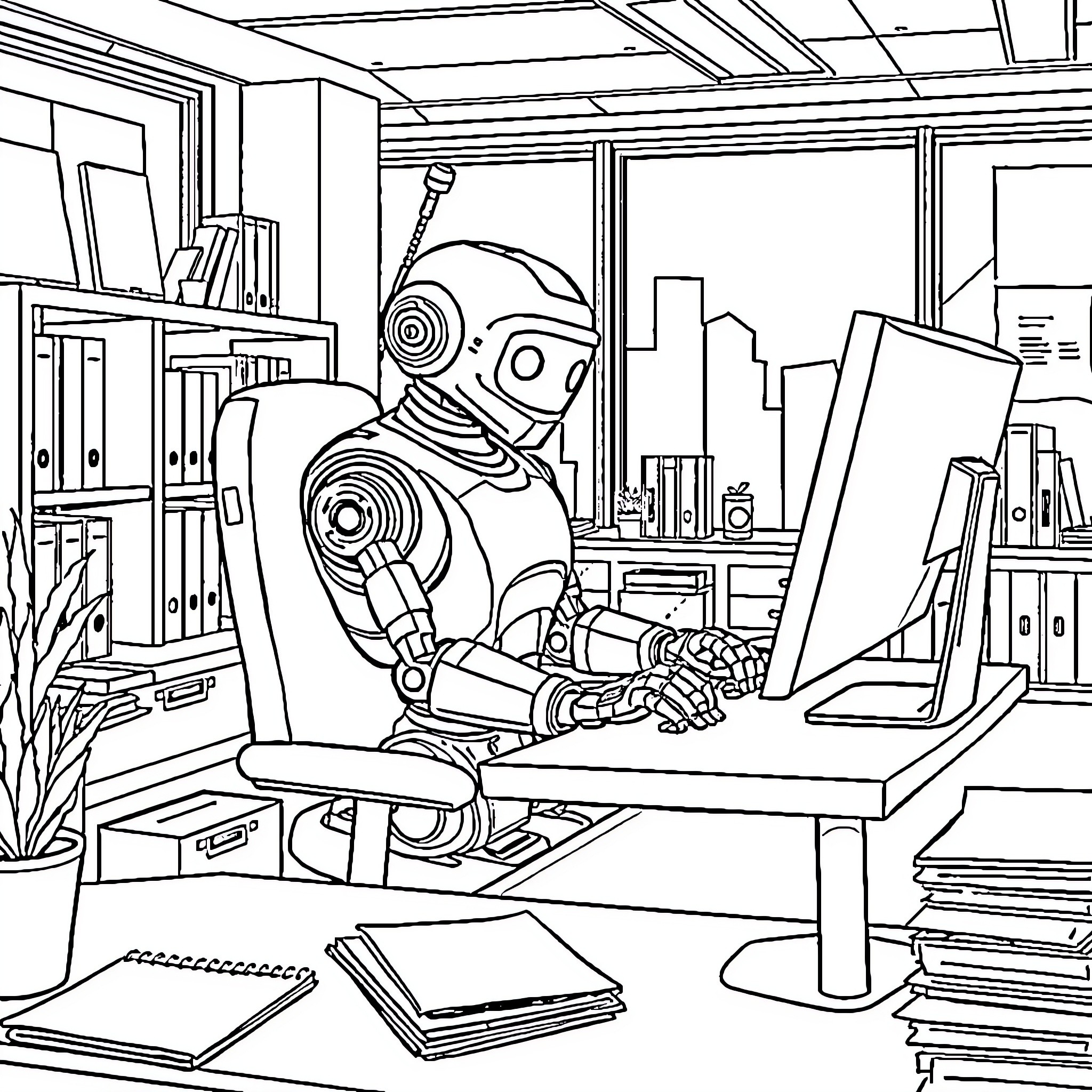 Robot Scientist Researching in Cluttered Laboratory Coloring Page (free black-and-white line drawing printable PDF for all, from beginners to advanced learners, including children, teens, adults, and seniors)