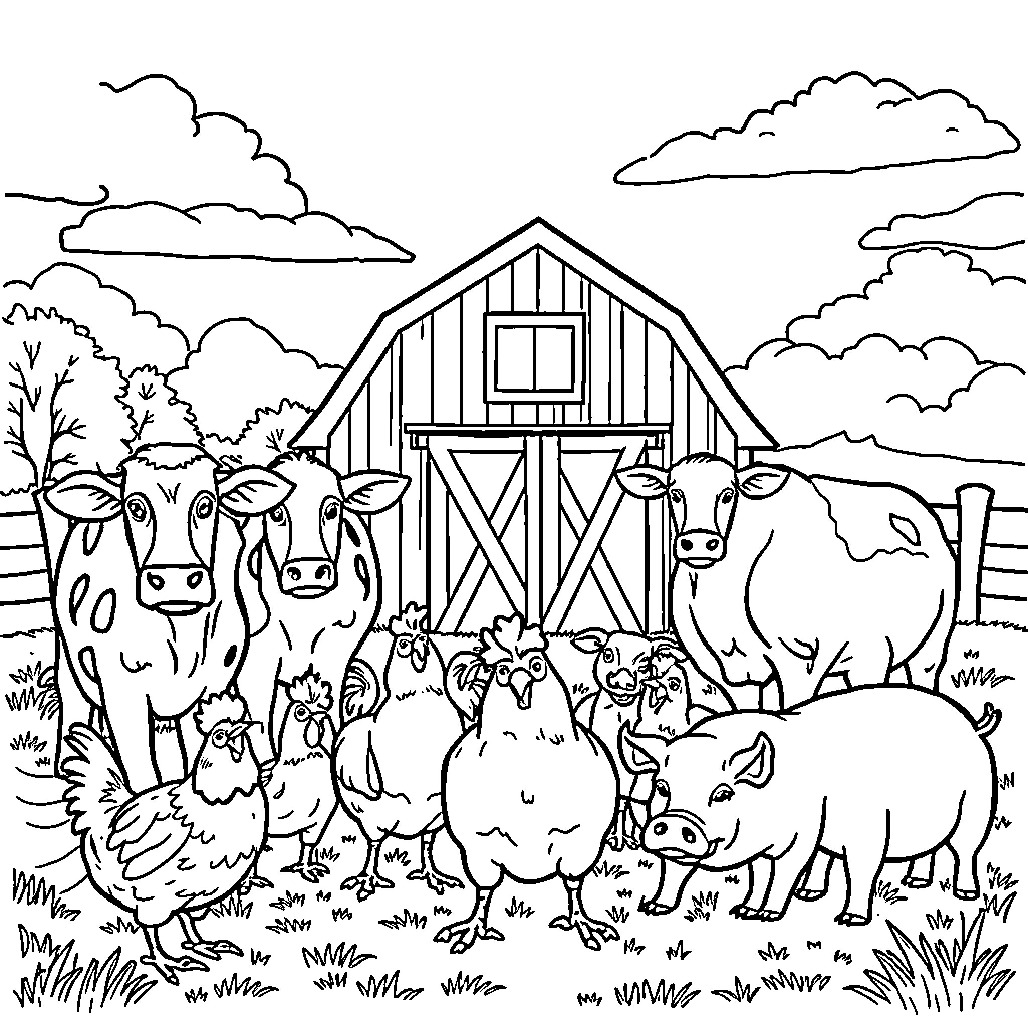 Farm Animals in a Countryside Barn Scene Coloring Page (free black-and-white line drawing printable PDF for all, from beginners to advanced learners, including children, teens, adults, and seniors)