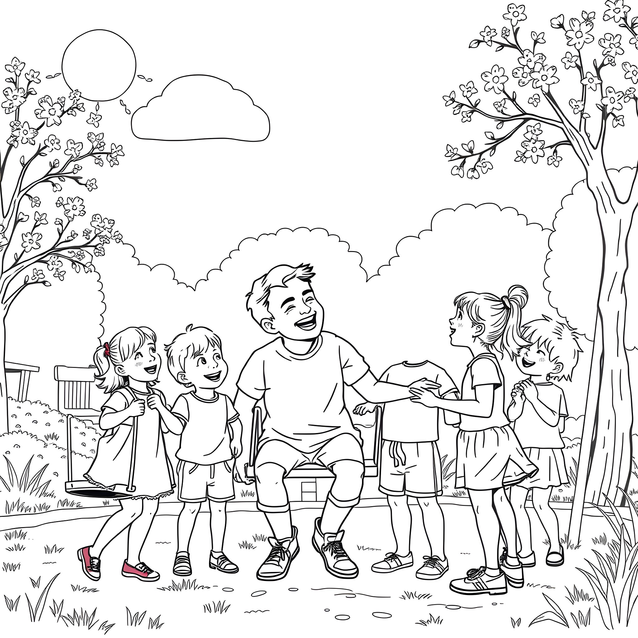 Patrick Curran interacting playfully with children in a park setting Coloring Page (free black-and-white line drawing printable PDF for all, from beginners to advanced learners, including children, teens, adults, and seniors)