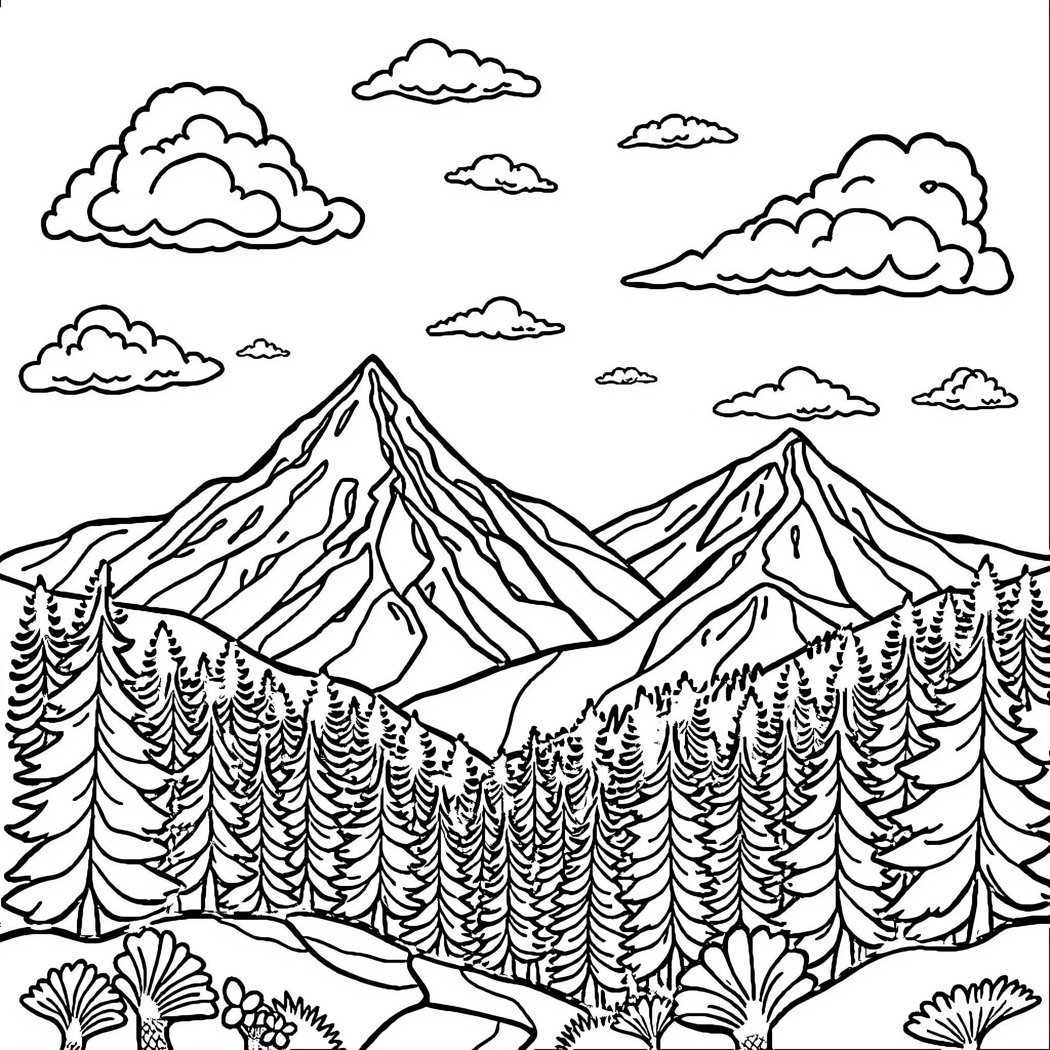 Mountain landscape with cloudy skies and forest Coloring Page (free black-and-white line drawing printable PDF for all, from beginners to advanced learners, including children, teens, adults, and seniors)