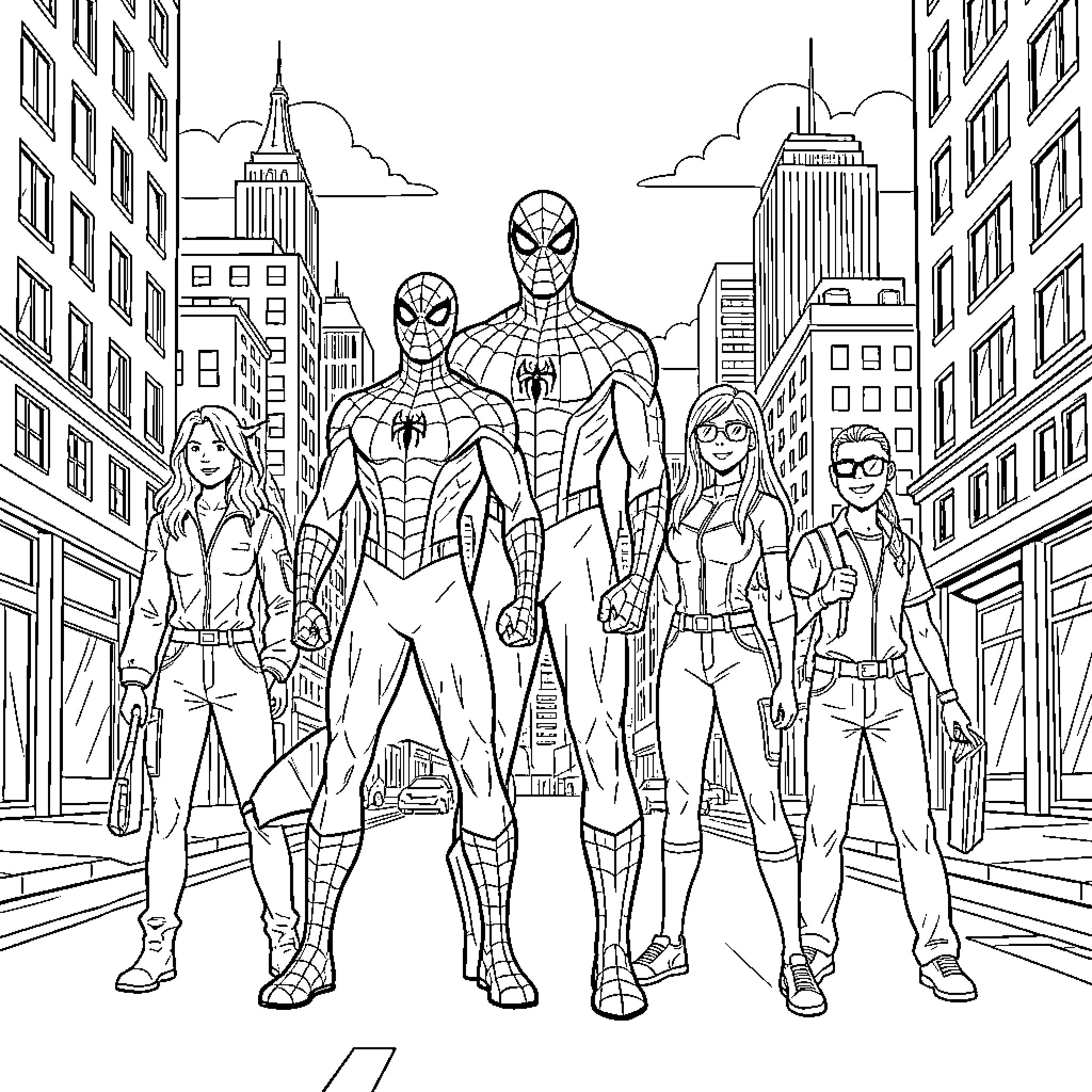 Spider-Man posing heroically with friends in the city Coloring Page (free black-and-white line drawing printable PDF for all, from beginners to advanced learners, including children, teens, adults, and seniors)