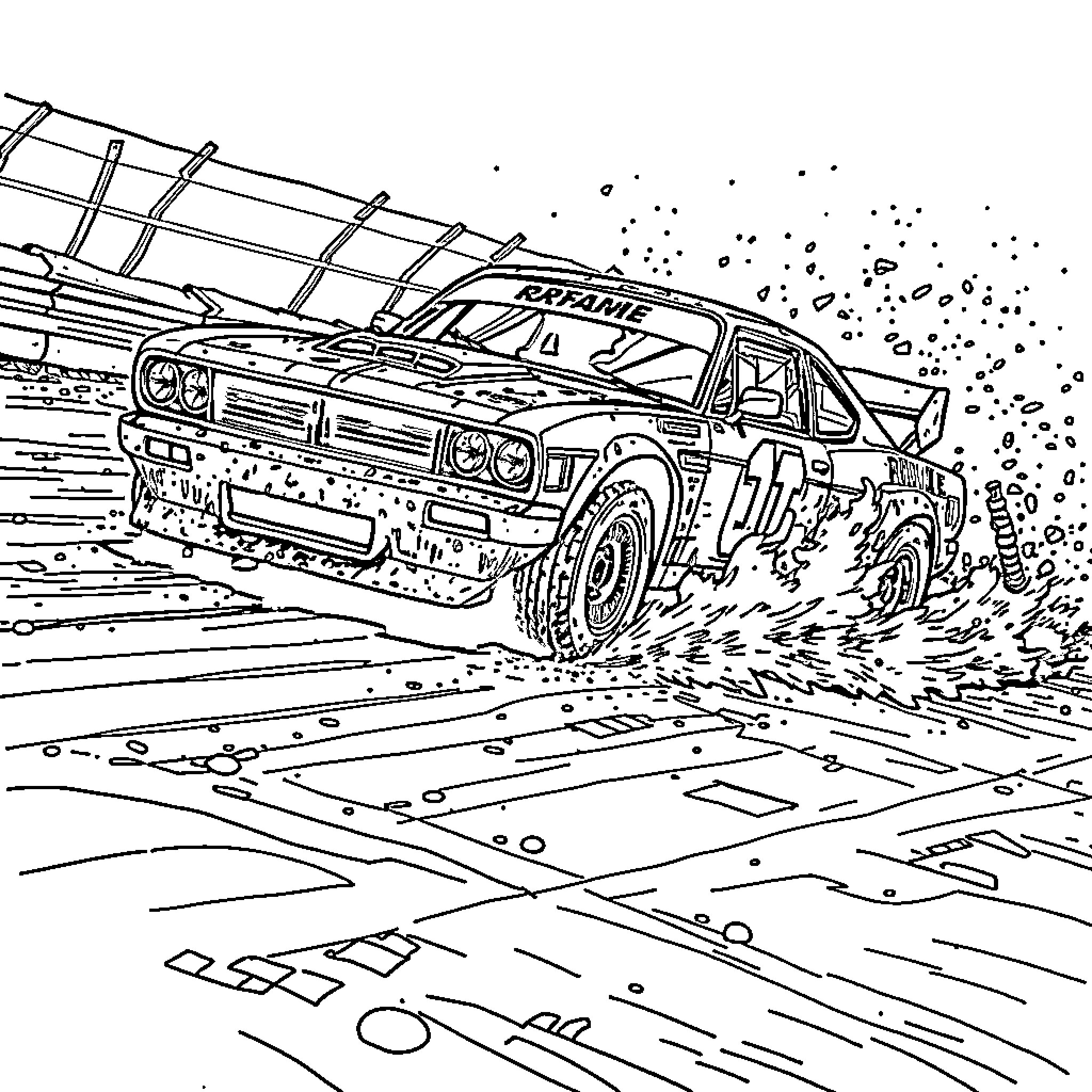 Racecar speeding through muddy terrain Coloring Page (free black-and-white line drawing printable PDF for all, from beginners to advanced learners, including children, teens, adults, and seniors)