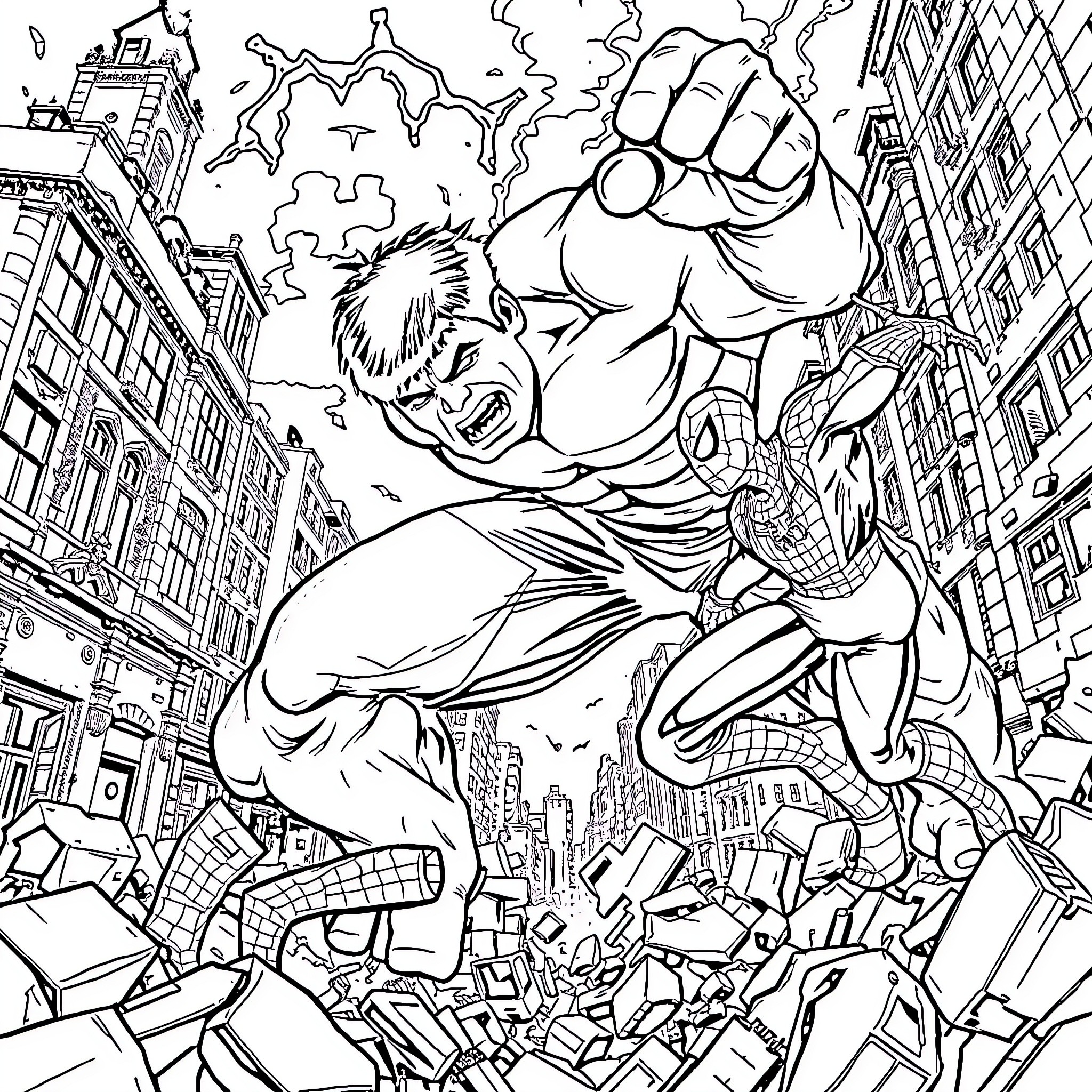 Hulk rampaging through the city with immense power Coloring Page (free black-and-white line drawing printable PDF for all, from beginners to advanced learners, including children, teens, adults, and seniors)