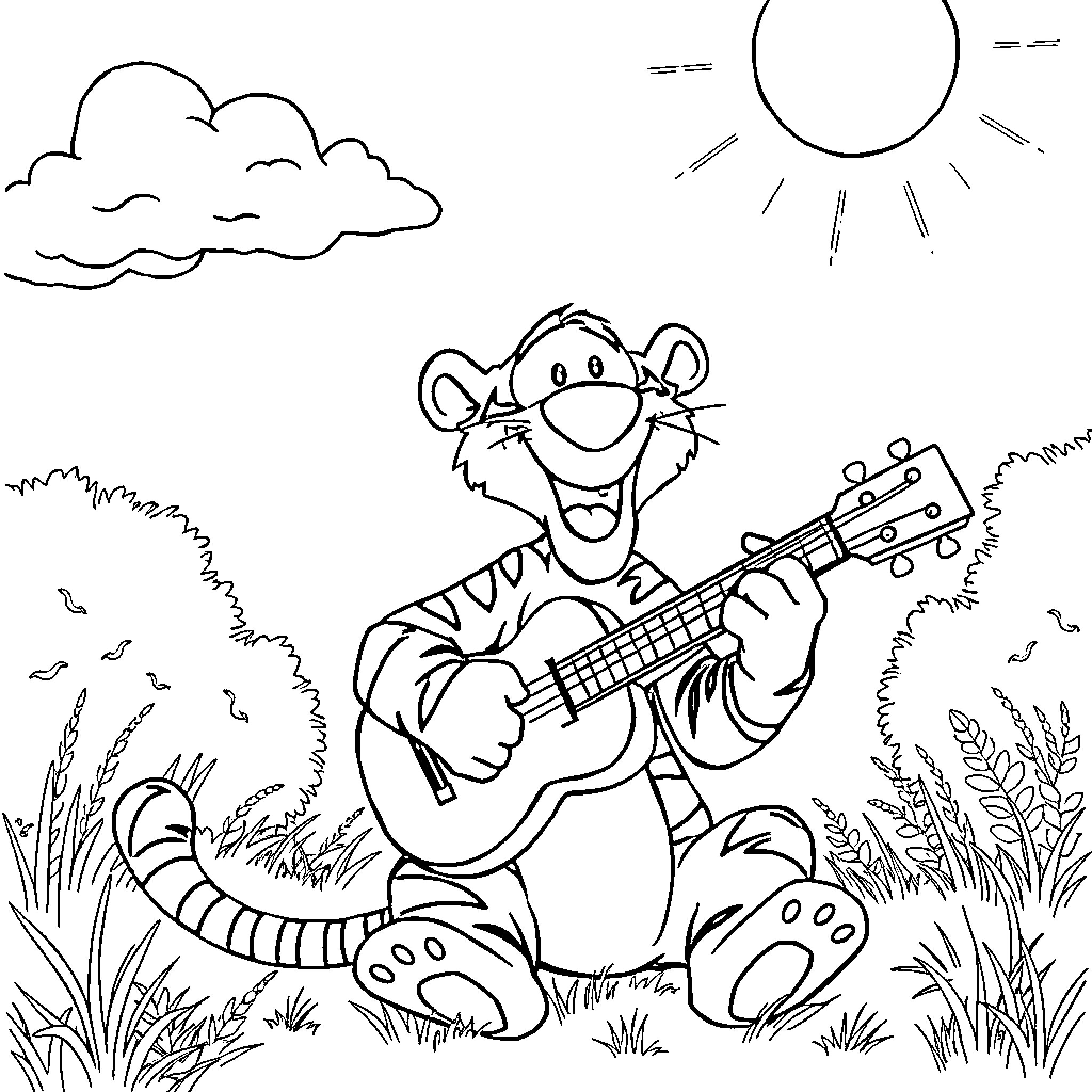 Tigger playing guitar joyfully in the meadow Coloring Page (free black-and-white line drawing printable PDF for all, from beginners to advanced learners, including children, teens, adults, and seniors)