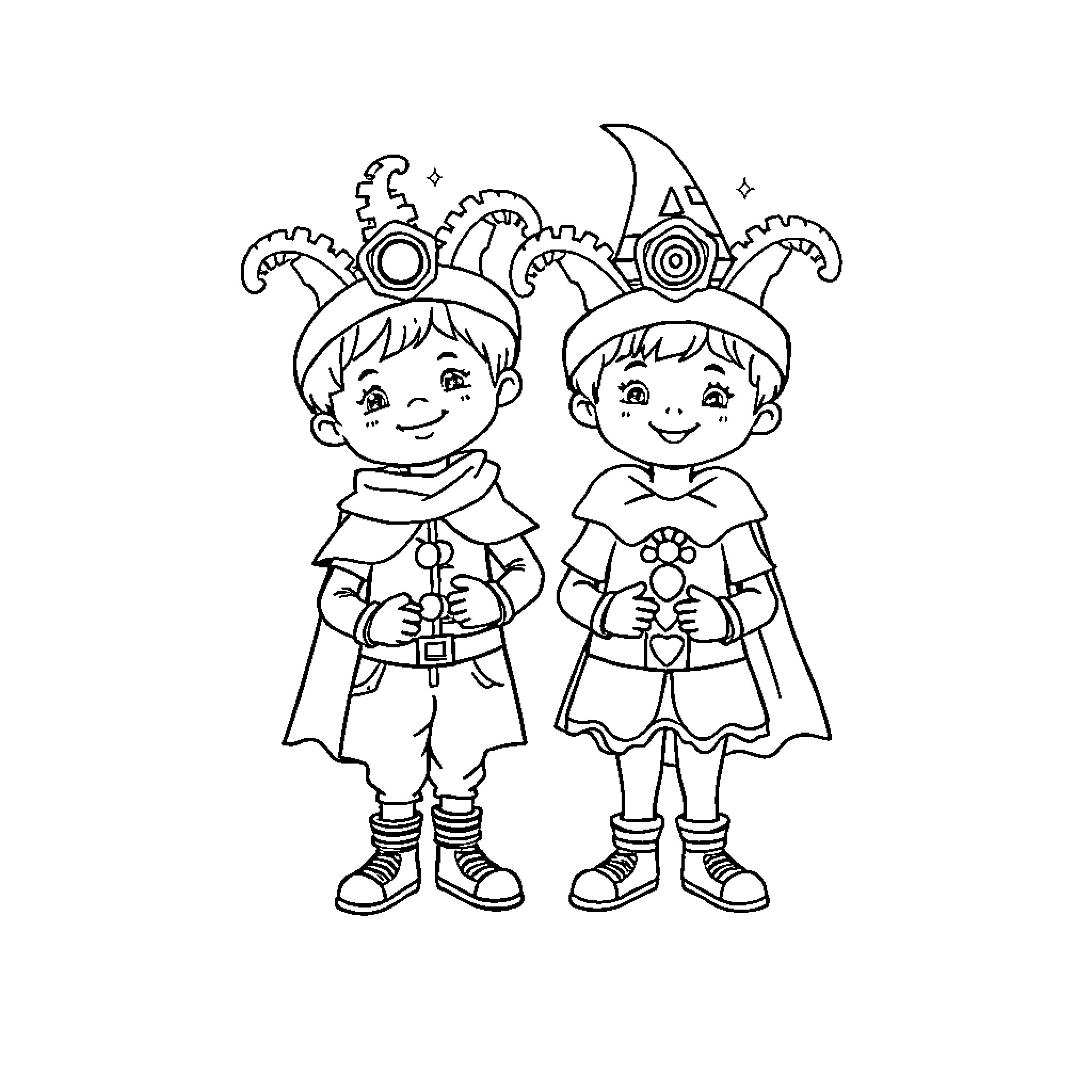 Carnival Costumes for Children's Celebration Coloring Page (free black-and-white line drawing printable PDF for all, from beginners to advanced learners, including children, teens, adults, and seniors)