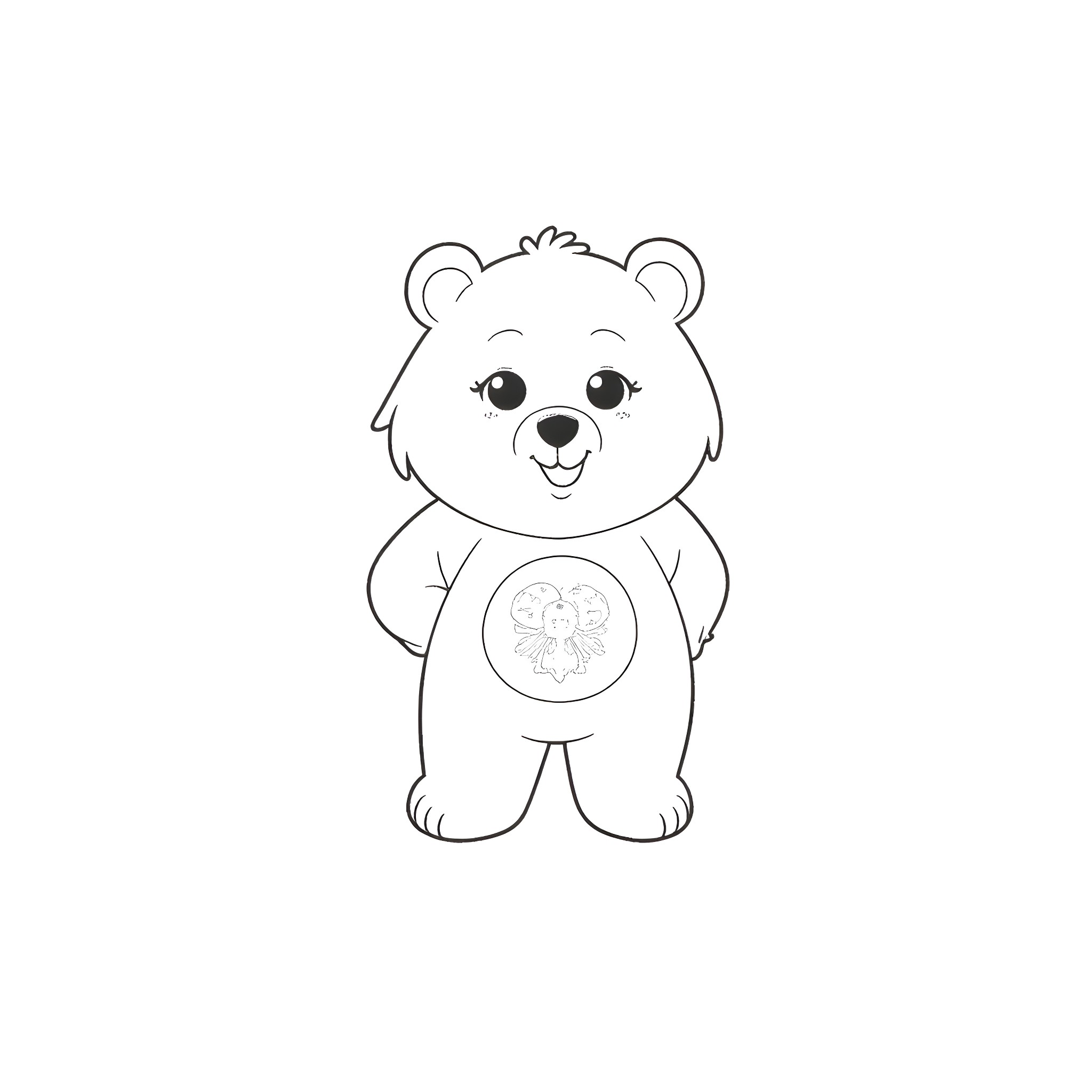 Care Bear Smiling Happily in Simple Outfit Coloring Page (free black-and-white line drawing printable PDF for all, from beginners to advanced learners, including children, teens, adults, and seniors)