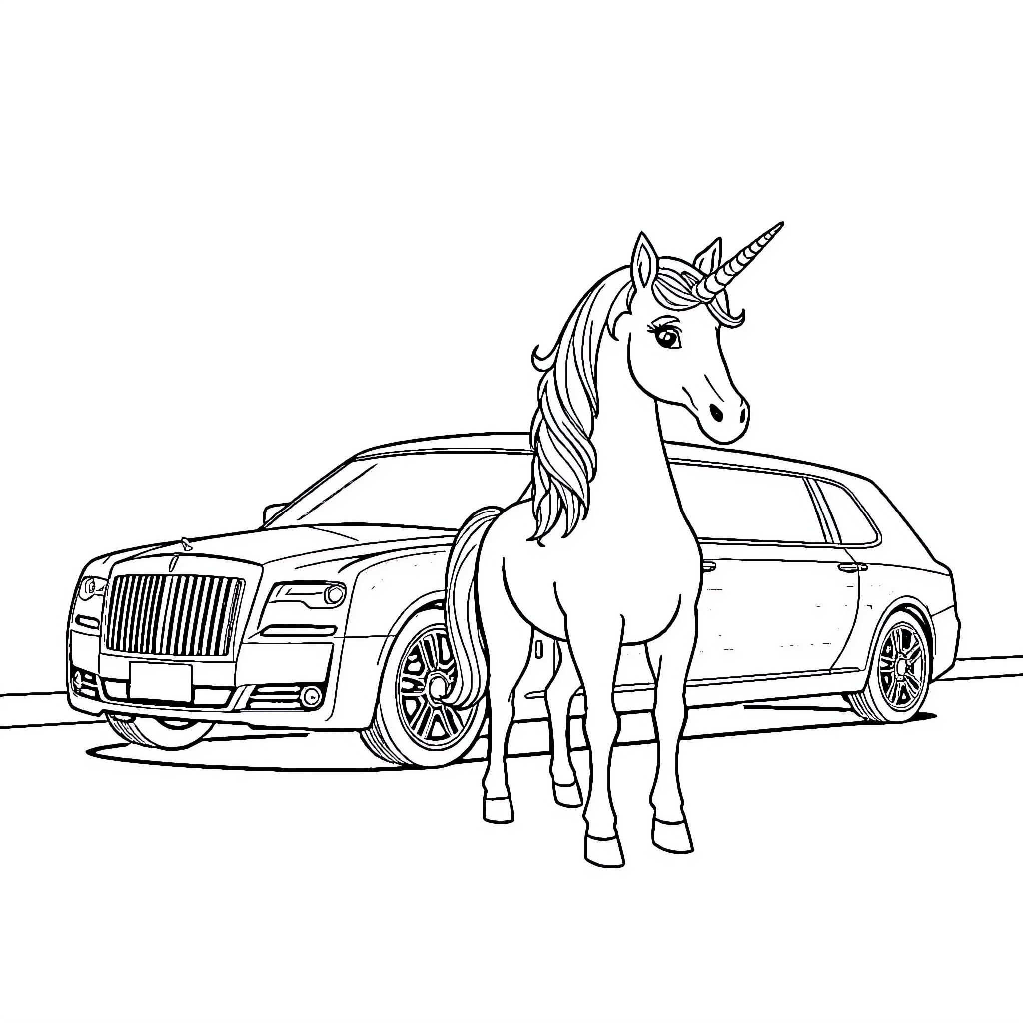 Unicorn standing proudly next to luxury vehicle Coloring Page (free black-and-white line drawing printable PDF for all, from beginners to advanced learners, including children, teens, adults, and seniors)
