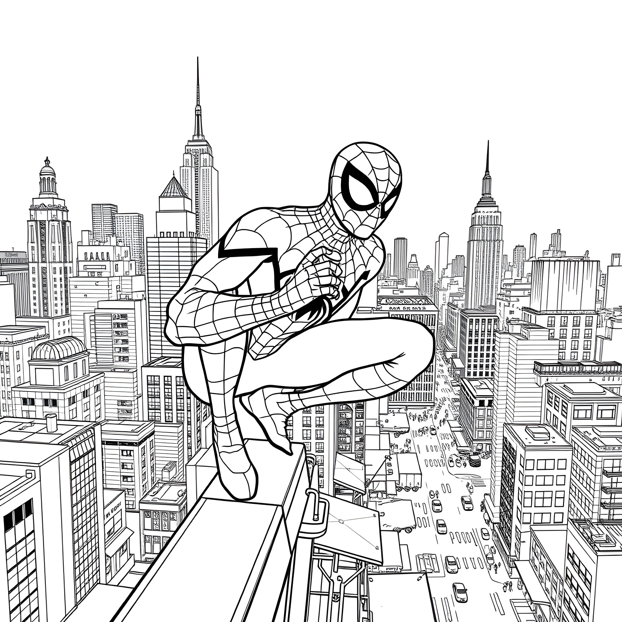 Spiderman swinging through the city skyline Coloring Page (free black-and-white line drawing printable PDF for all, from beginners to advanced learners, including children, teens, adults, and seniors)