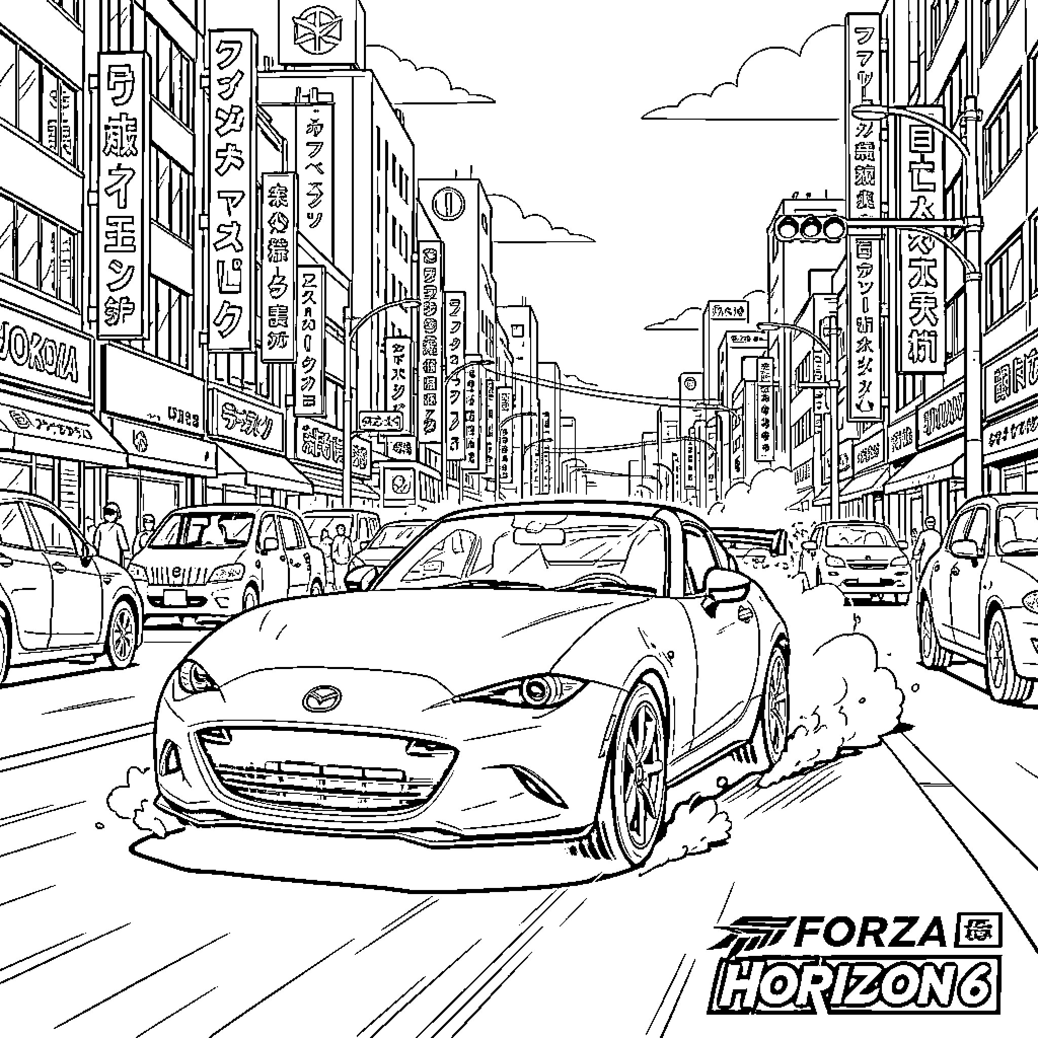 Mazda Miata drifting through a busy city street Coloring Page (free black-and-white line drawing printable PDF for all, from beginners to advanced learners, including children, teens, adults, and seniors)