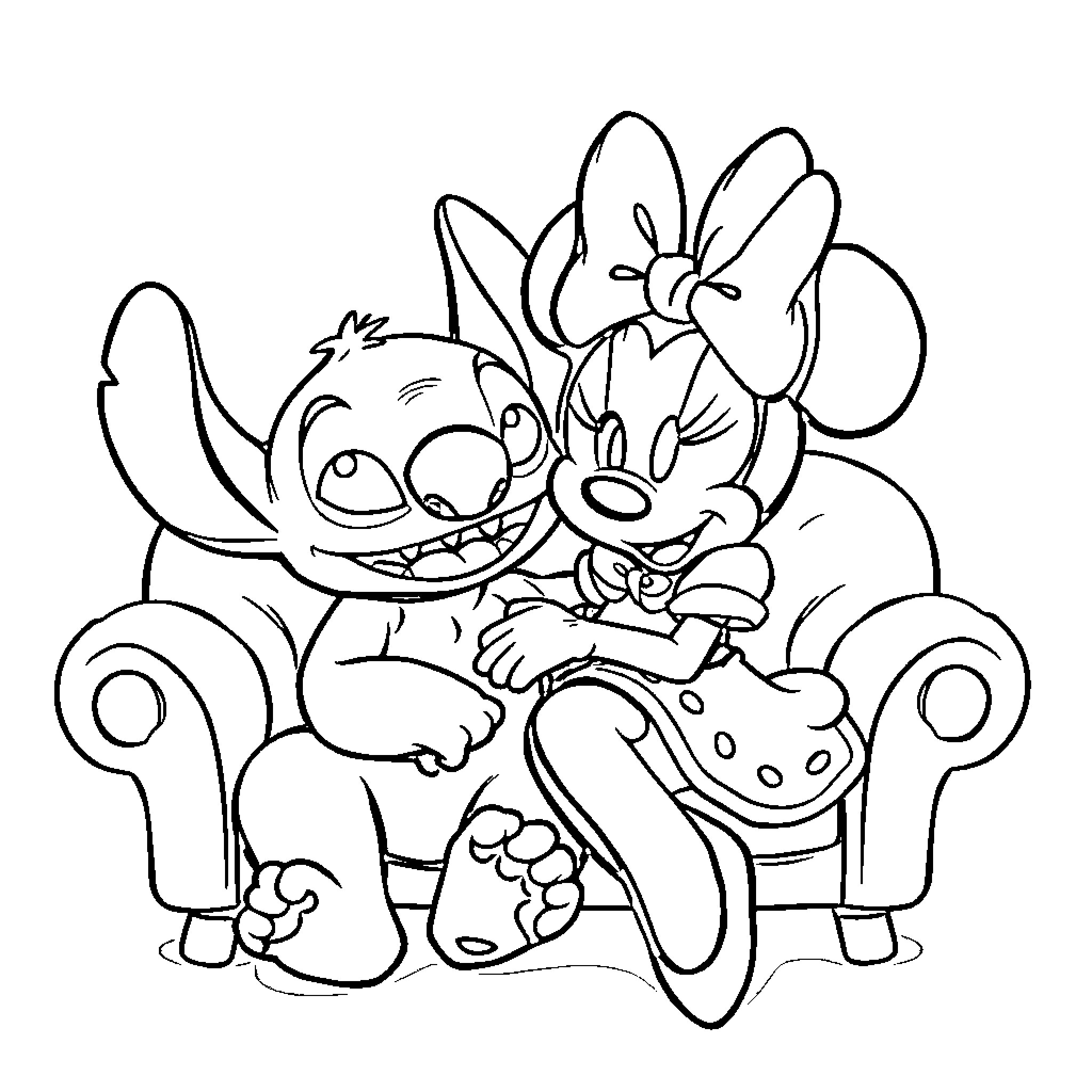 Stitch and Minnie Mouse playing together happily Coloring Page (free black-and-white line drawing printable PDF for all, from beginners to advanced learners, including children, teens, adults, and seniors)