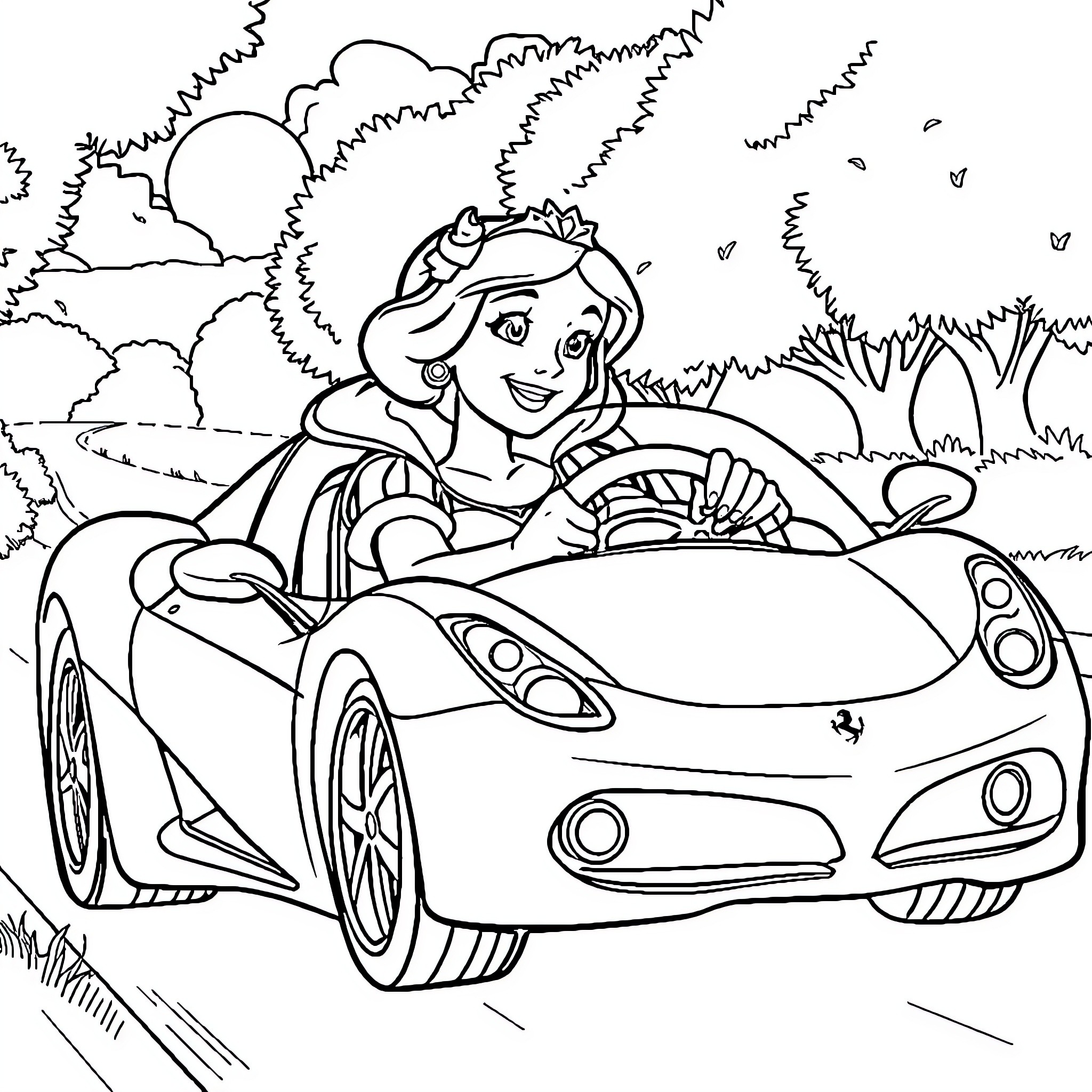 Snow White Driving a Sports Car through the Countryside Coloring Page (free black-and-white line drawing printable PDF for all, from beginners to advanced learners, including children, teens, adults, and seniors)