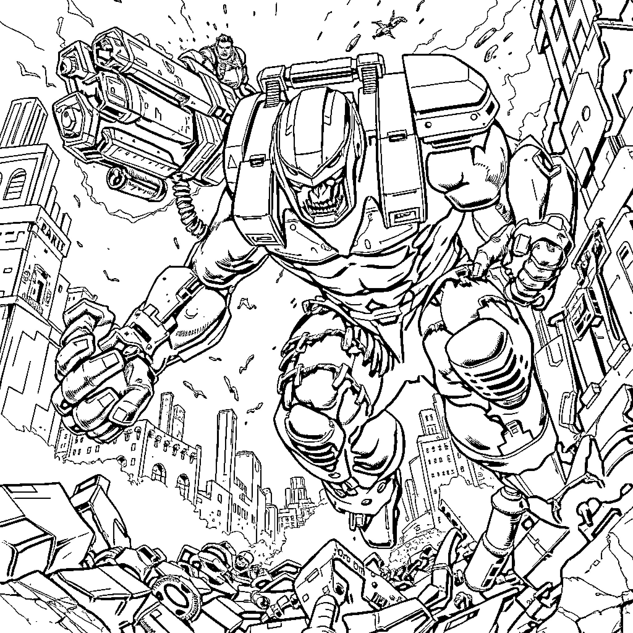 War Machine: Mechanized Soldier Battles in Destroyed City Coloring Page (free black-and-white line drawing printable PDF for all, from beginners to advanced learners, including children, teens, adults, and seniors)