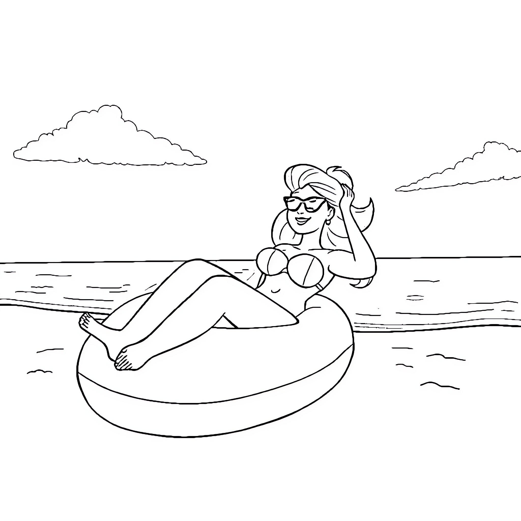 Woman relaxing on inflatable float in the water Coloring Page (free black-and-white line drawing printable PDF for all, from beginners to advanced learners, including children, teens, adults, and seniors)