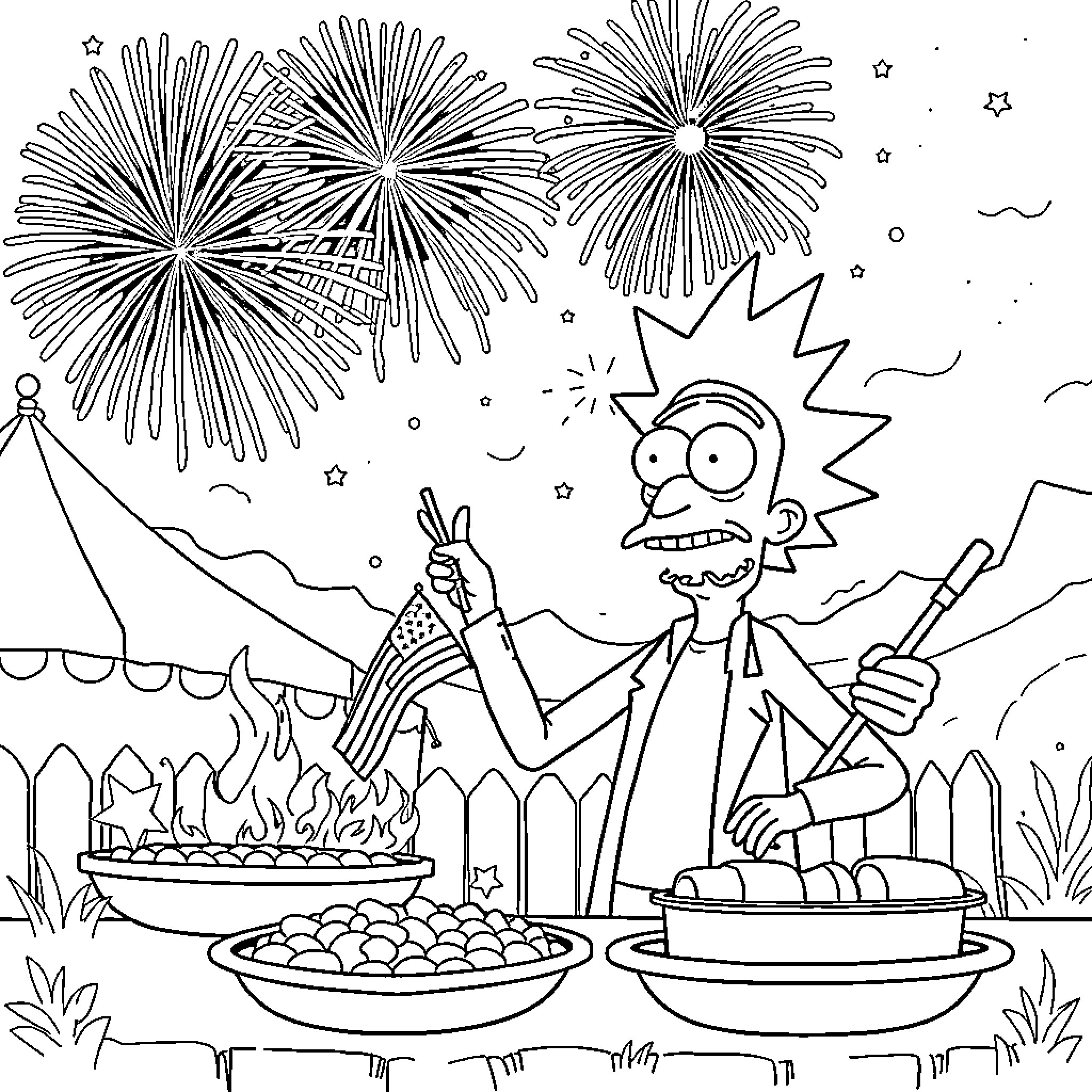 Rick Sanchez celebrating with fireworks and food Coloring Page (free black-and-white line drawing printable PDF for all, from beginners to advanced learners, including children, teens, adults, and seniors)