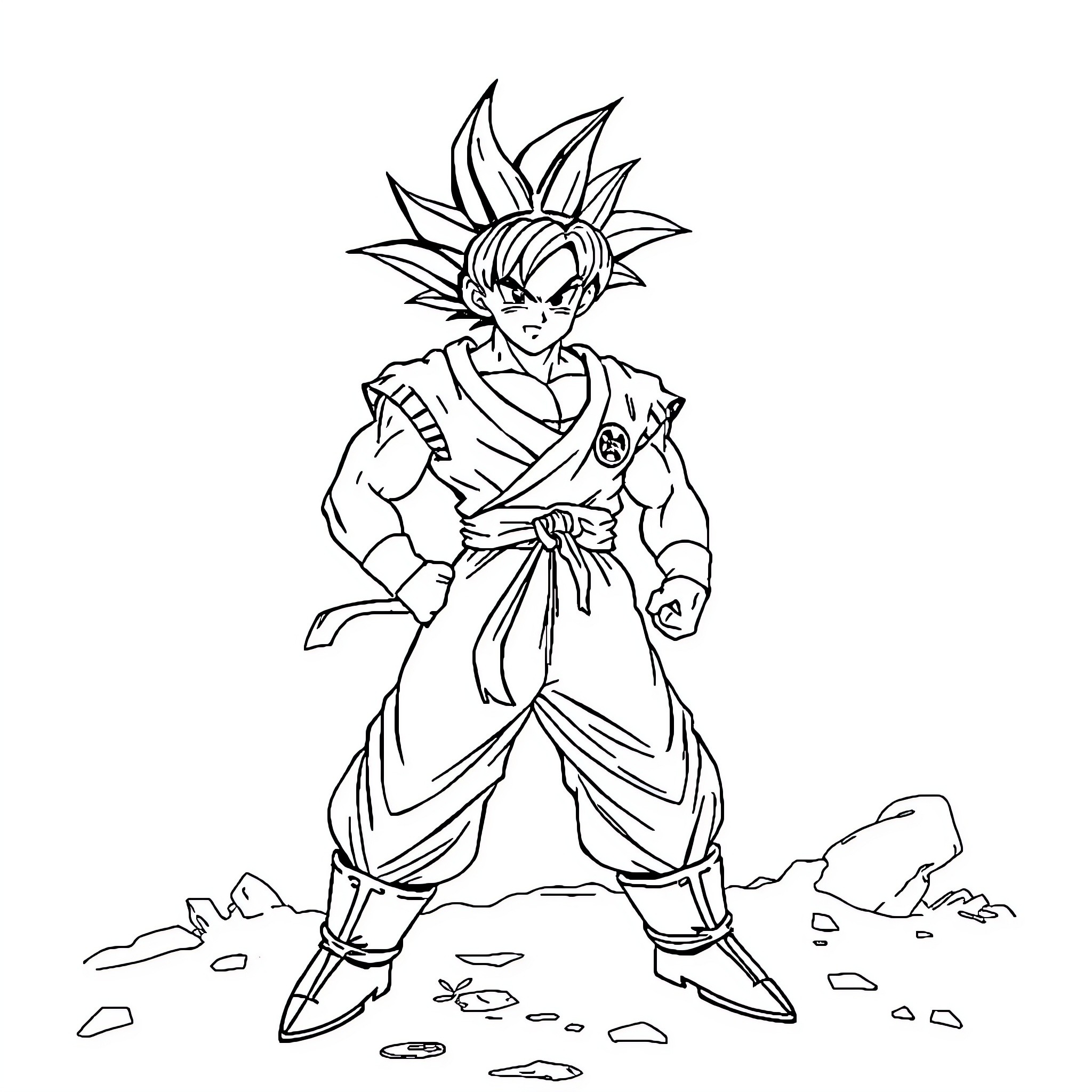 Son Goku in heroic battle stance Coloring Page (free black-and-white line drawing printable PDF for all, from beginners to advanced learners, including children, teens, adults, and seniors)