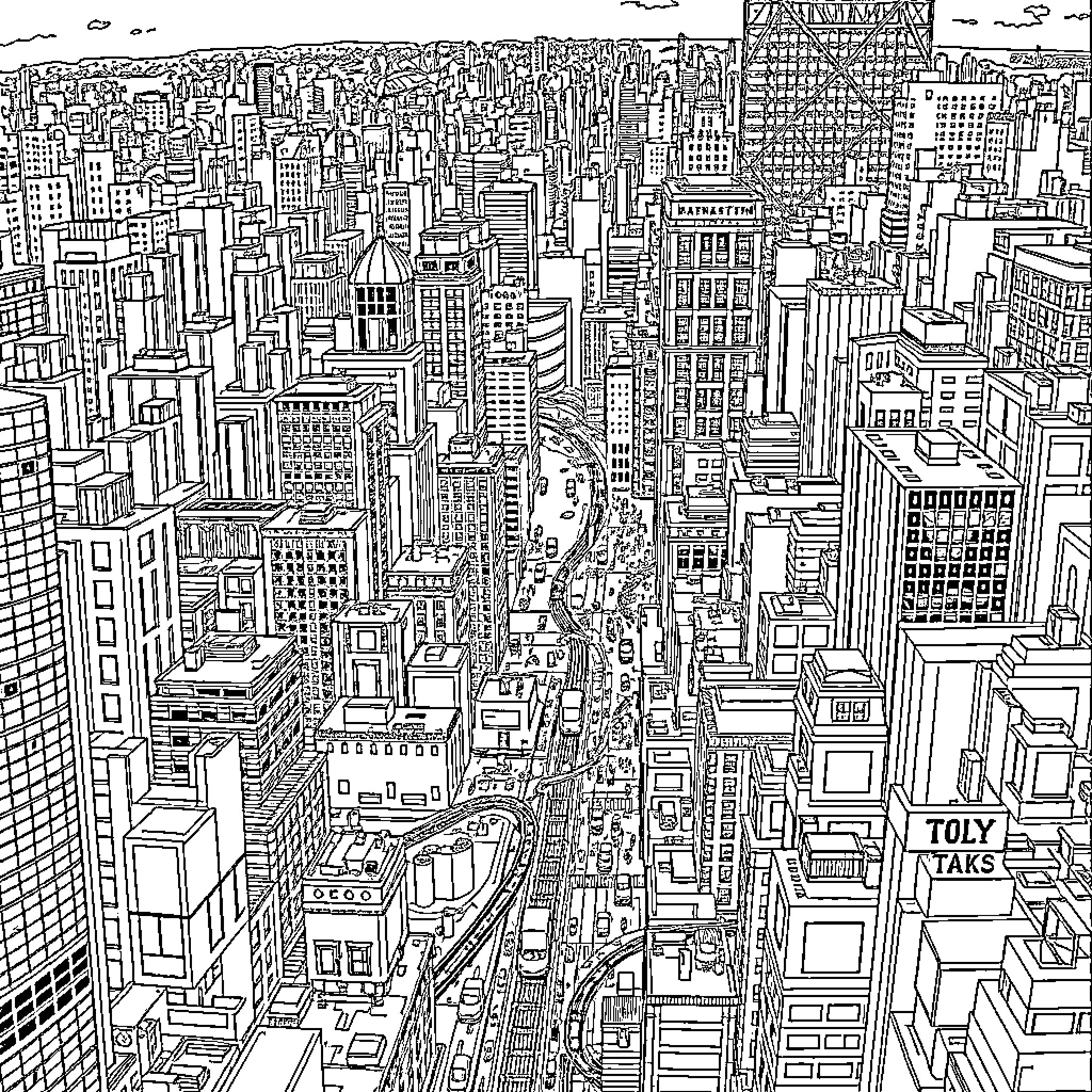 Map of a Bustling Metropolis Coloring Page (free black-and-white line drawing printable PDF for all, from beginners to advanced learners, including children, teens, adults, and seniors)