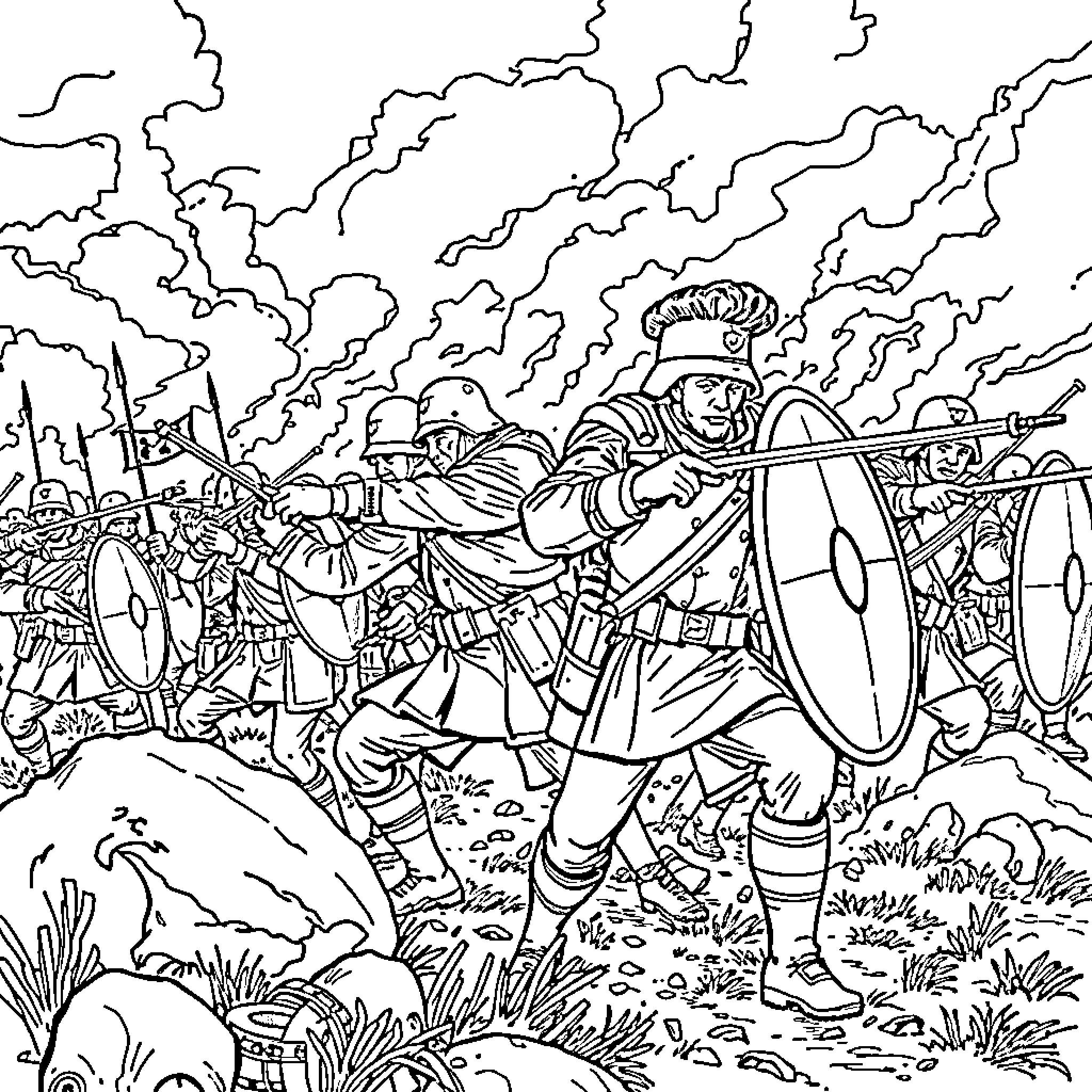 Soldier leading charge in fierce battle Coloring Page (free black-and-white line drawing printable PDF for all, from beginners to advanced learners, including children, teens, adults, and seniors)