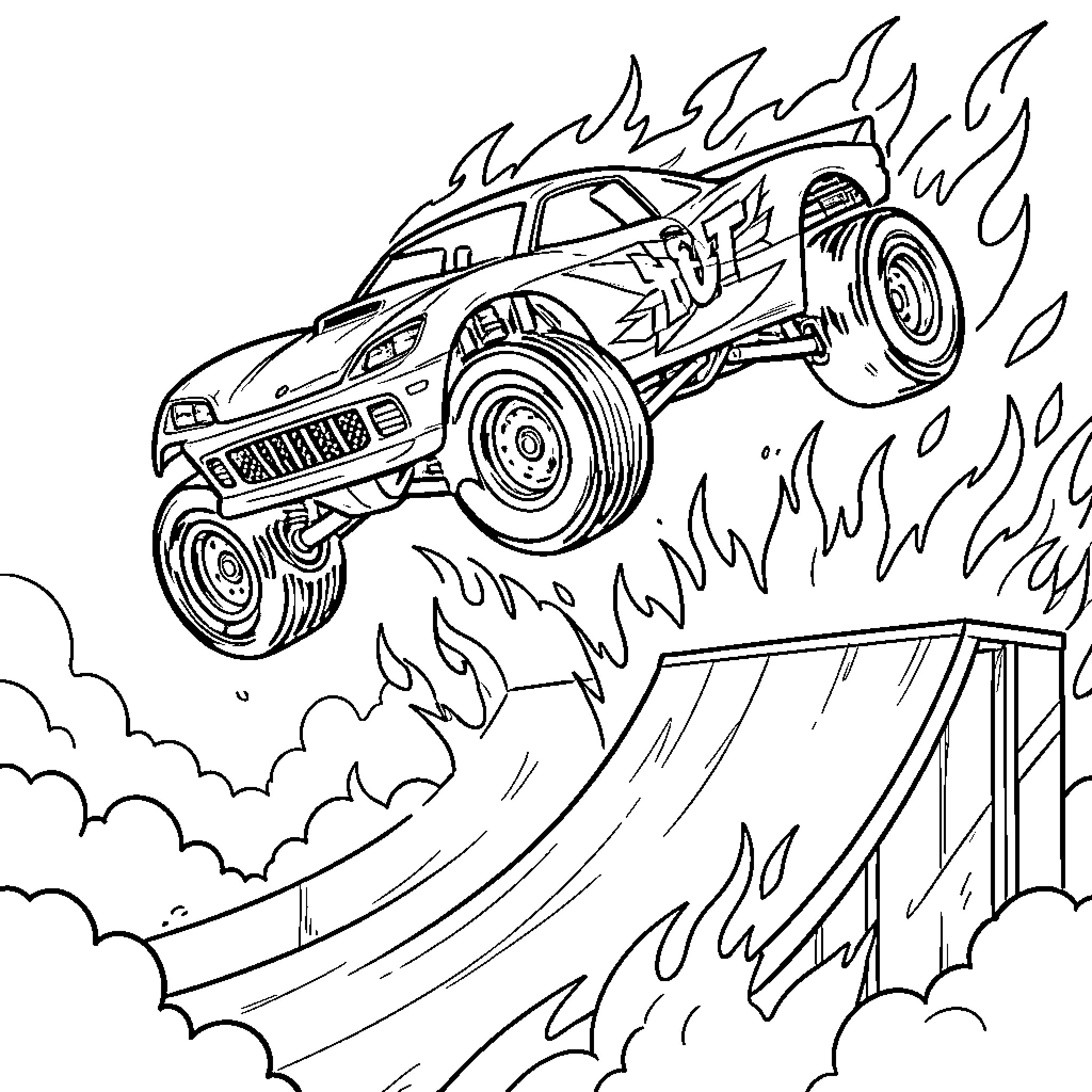 Hot Wheel Car Jumping Over Fiery Ramp Coloring Page (free black-and-white line drawing printable PDF for all, from beginners to advanced learners, including children, teens, adults, and seniors)