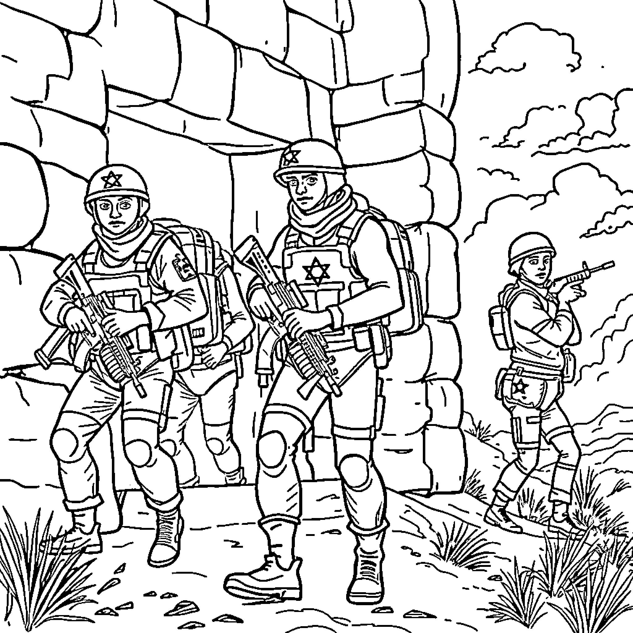 Diaper-Wearing Soldiers in Combat Gear Coloring Page (free black-and-white line drawing printable PDF for all, from beginners to advanced learners, including children, teens, adults, and seniors)