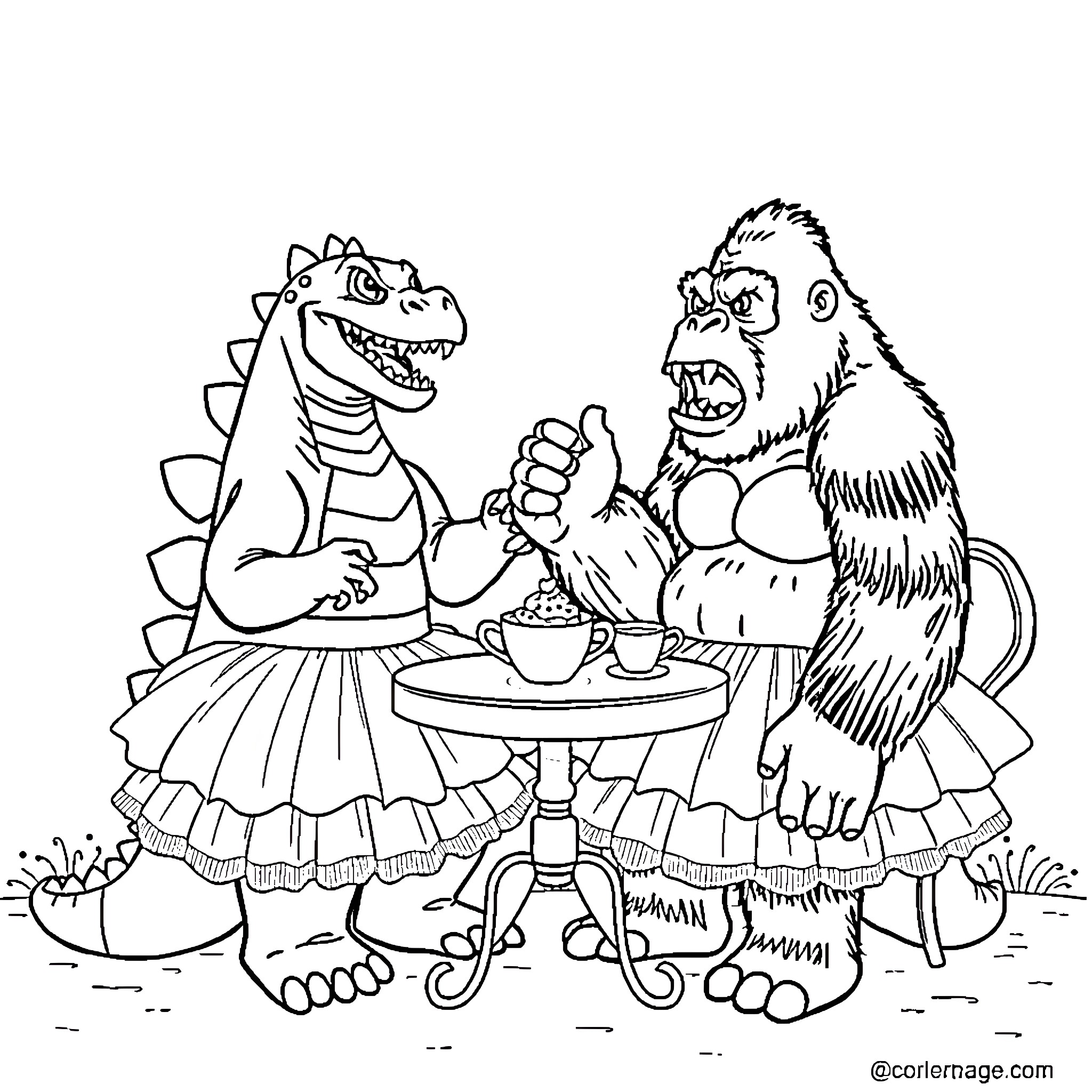 Godzilla and Bigfoot enjoying tea time together Coloring Page (free black-and-white line drawing printable PDF for all, from beginners to advanced learners, including children, teens, adults, and seniors)