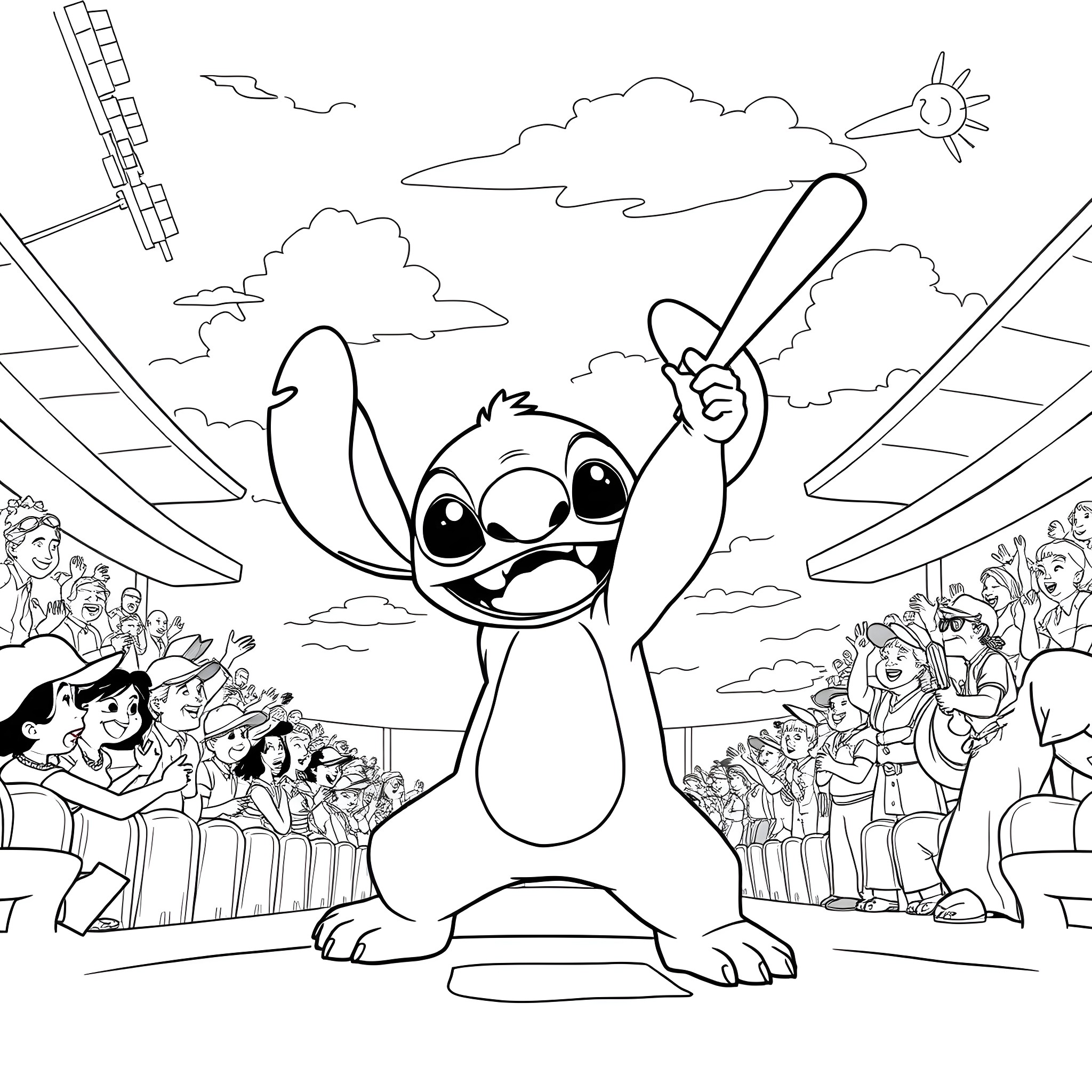 Lilo Stitch enjoying a baseball game with friends Coloring Page (free black-and-white line drawing printable PDF for all, from beginners to advanced learners, including children, teens, adults, and seniors)