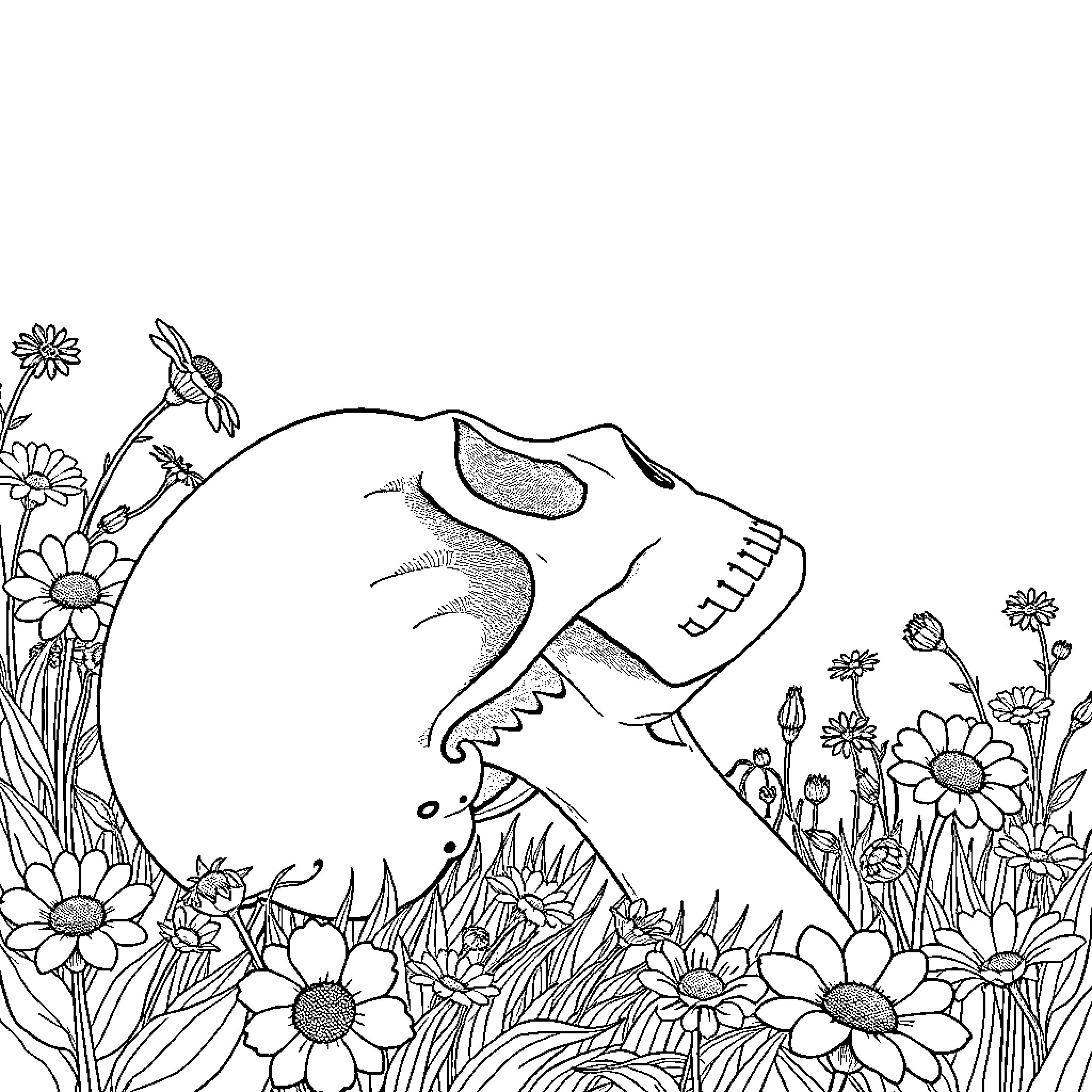 Skull-shaped object amid floral field Coloring Page (free black-and-white line drawing printable PDF for all, from beginners to advanced learners, including children, teens, adults, and seniors)