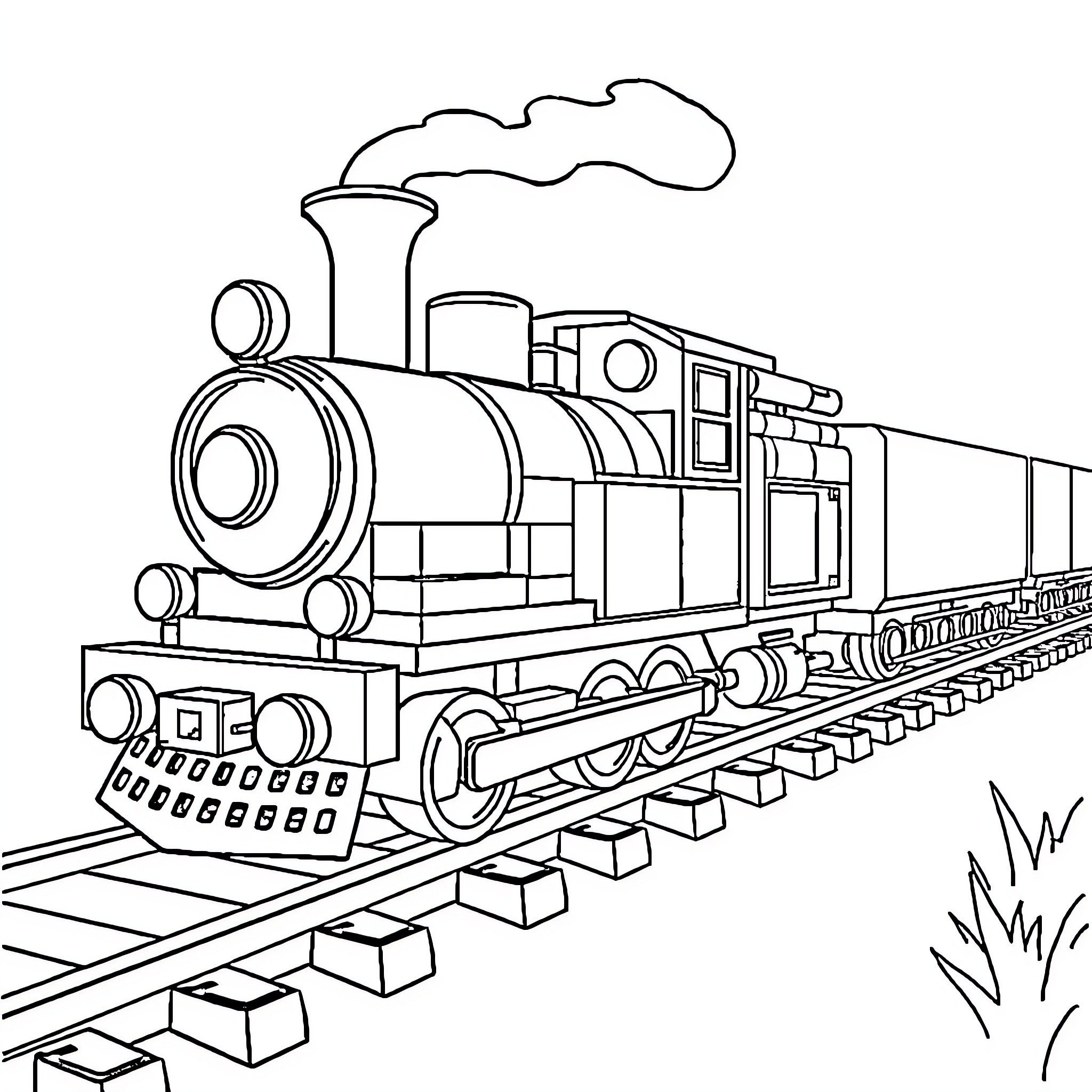 Train on the tracks with steam and motion Coloring Page (free black-and-white line drawing printable PDF for all, from beginners to advanced learners, including children, teens, adults, and seniors)