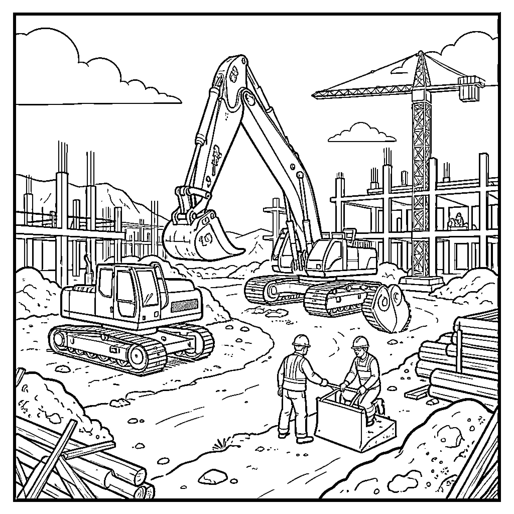 Quarry Equipment operating at a busy construction site Coloring Page (free black-and-white line drawing printable PDF for all, from beginners to advanced learners, including children, teens, adults, and seniors)