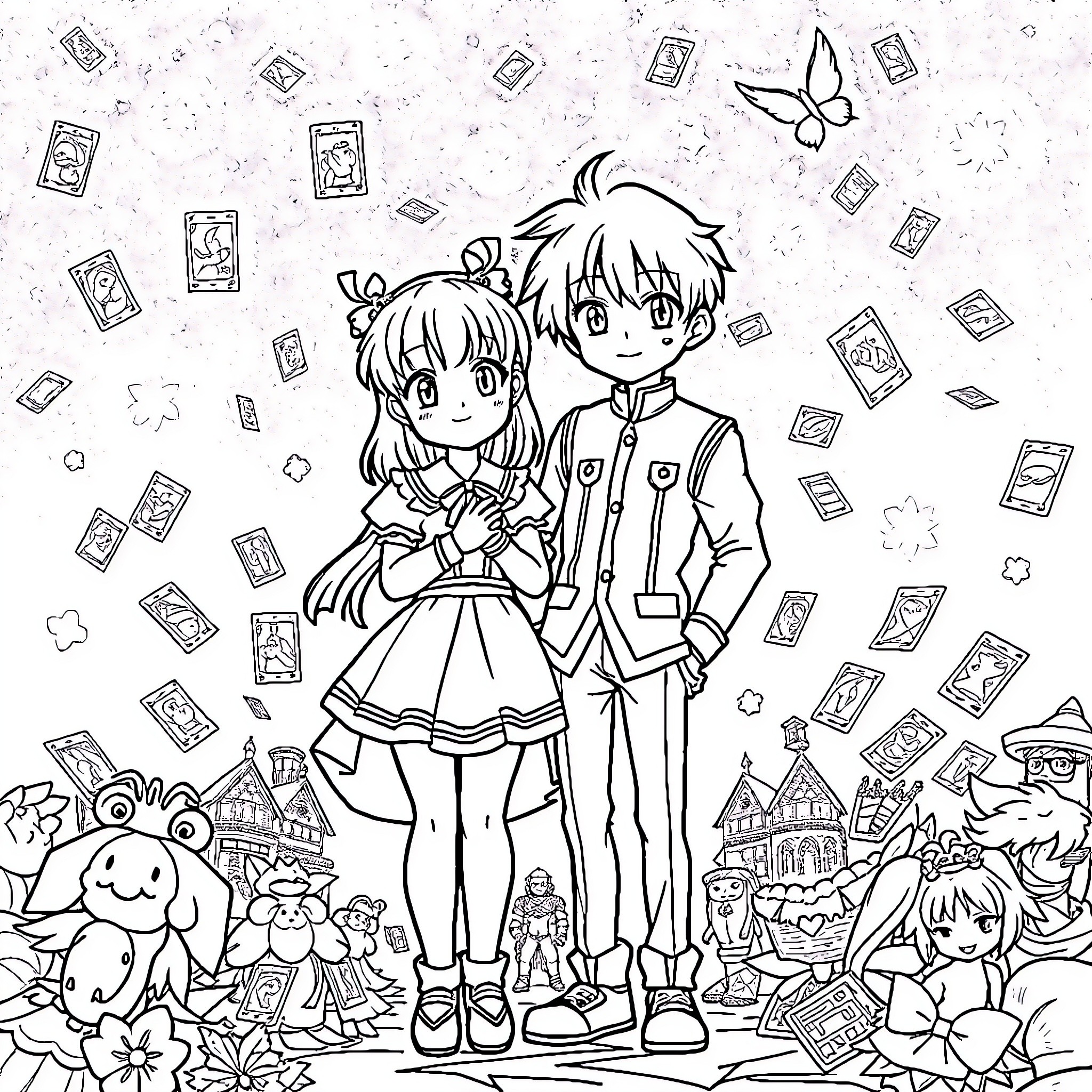 Sakura Anime Couple in Whimsical Scene Coloring Page (free black-and-white line drawing printable PDF for all, from beginners to advanced learners, including children, teens, adults, and seniors)