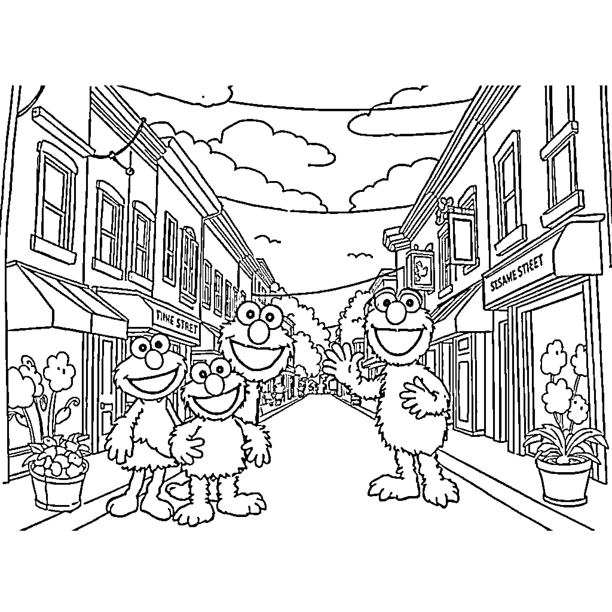 Sesame Street characters exploring a colorful town Coloring Page (free black-and-white line drawing printable PDF for all, from beginners to advanced learners, including children, teens, adults, and seniors)