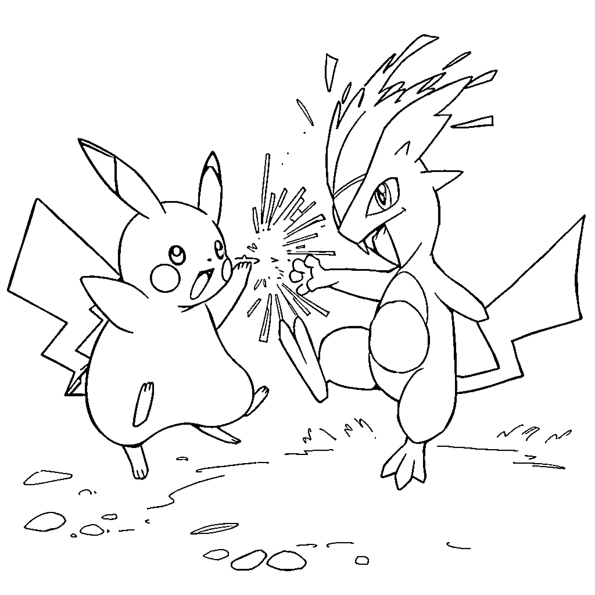 Pikachu and Charmander Playing Together Coloring Page (free black-and-white line drawing printable PDF for all, from beginners to advanced learners, including children, teens, adults, and seniors)