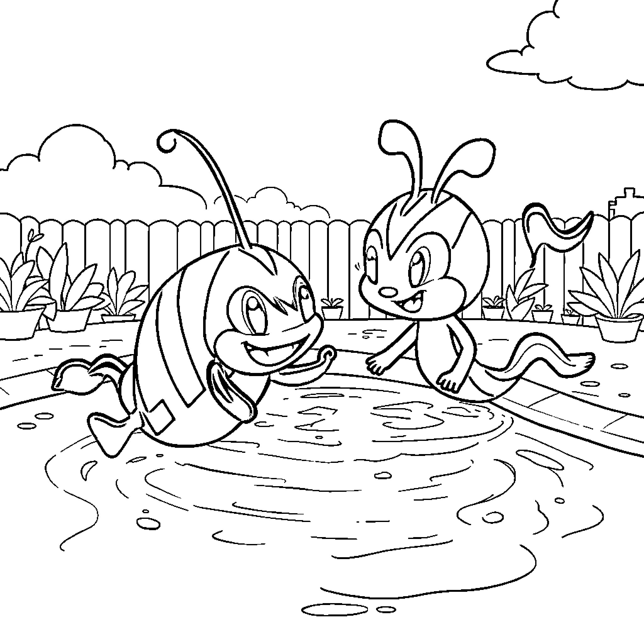 Paw Patrol characters as happy ants playing together Coloring Page (free black-and-white line drawing printable PDF for all, from beginners to advanced learners, including children, teens, adults, and seniors)