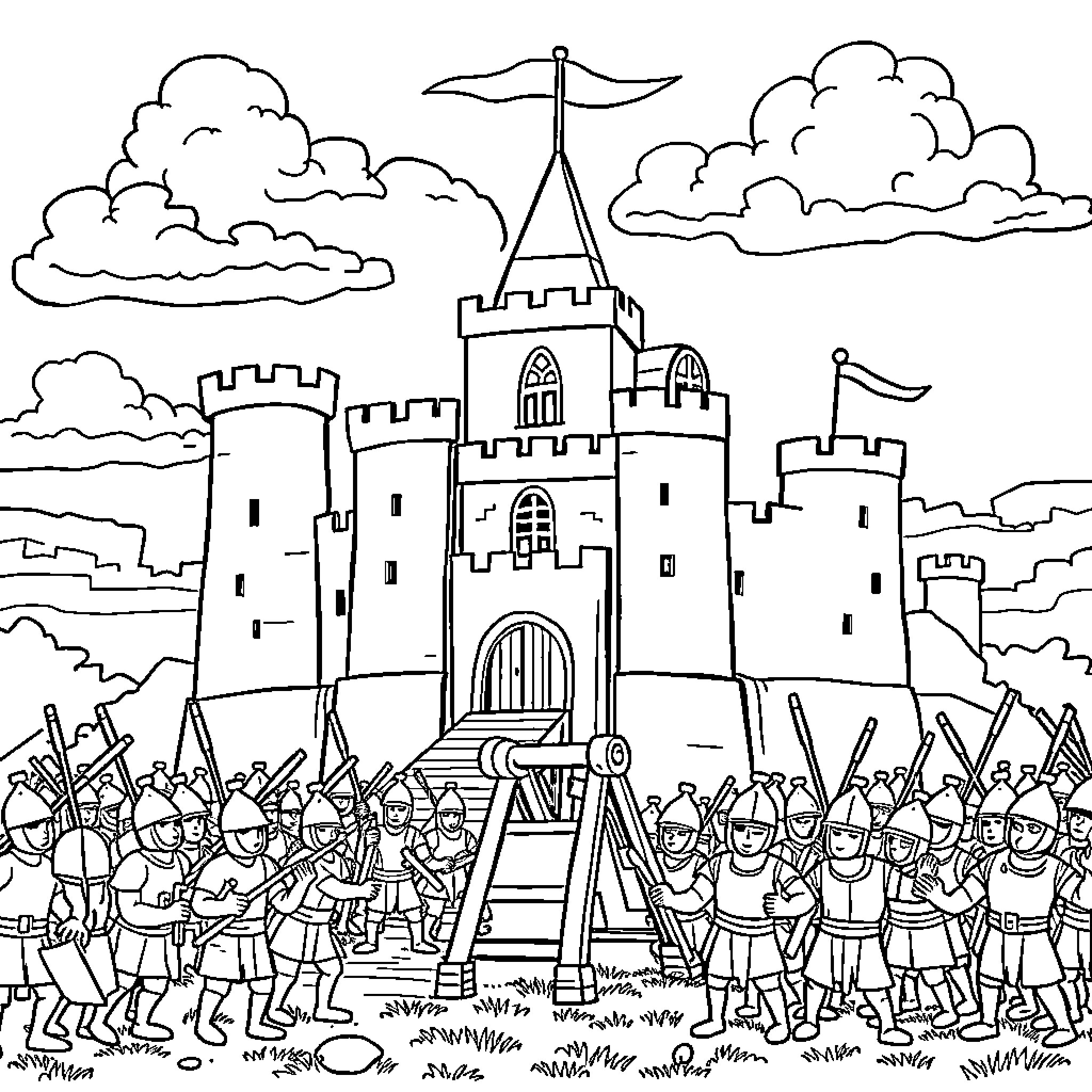 Castle under siege by armed soldiers Coloring Page (free black-and-white line drawing printable PDF for all, from beginners to advanced learners, including children, teens, adults, and seniors)